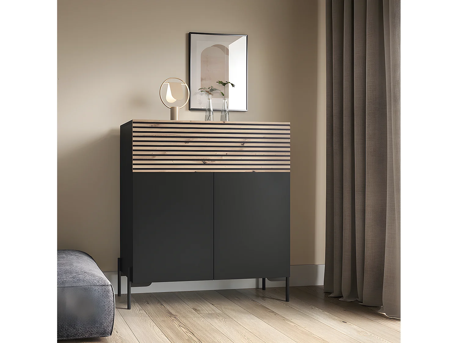 Commode de 92 cm de haut - noir/lattes de chêne - LAMMELO