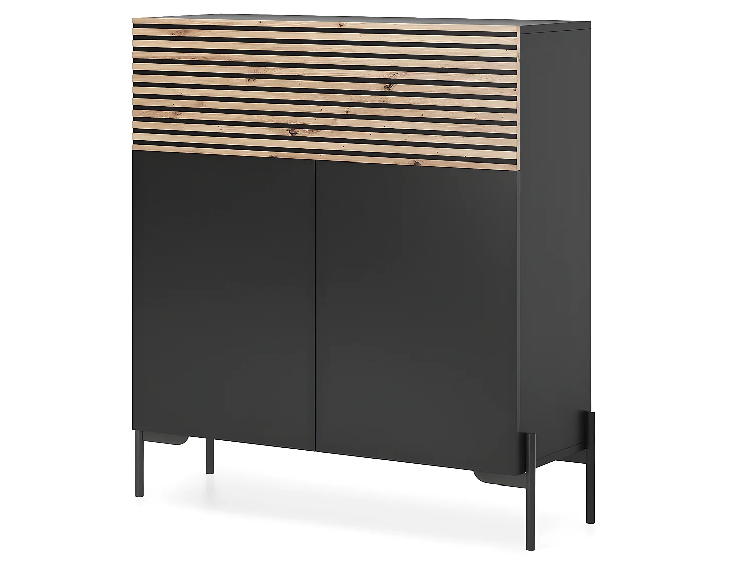 Commode de 92 cm de haut - noir/lattes de chêne - LAMMELO