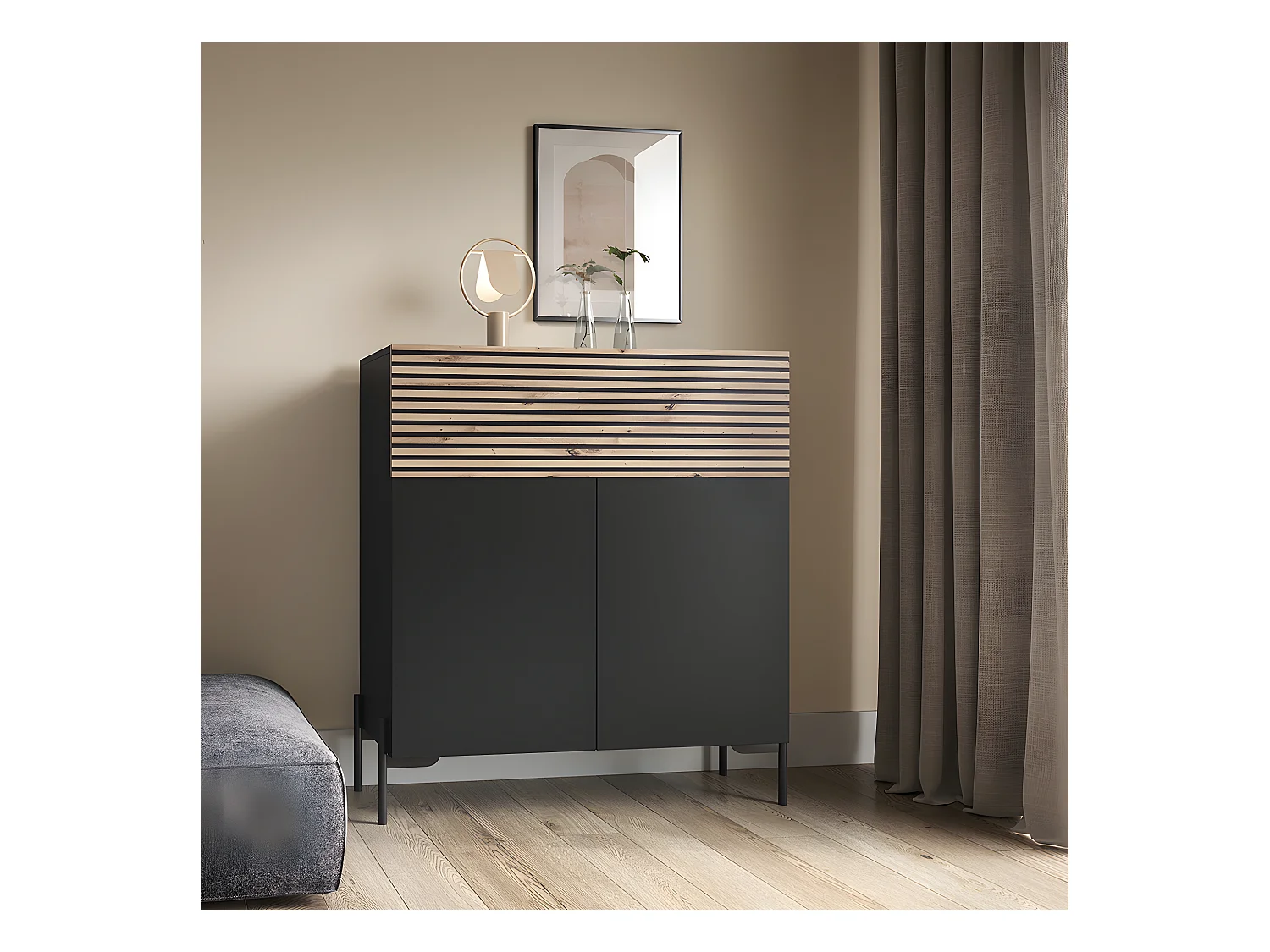 Commode de 92 cm de haut - noir/lattes de chêne - LAMMELO