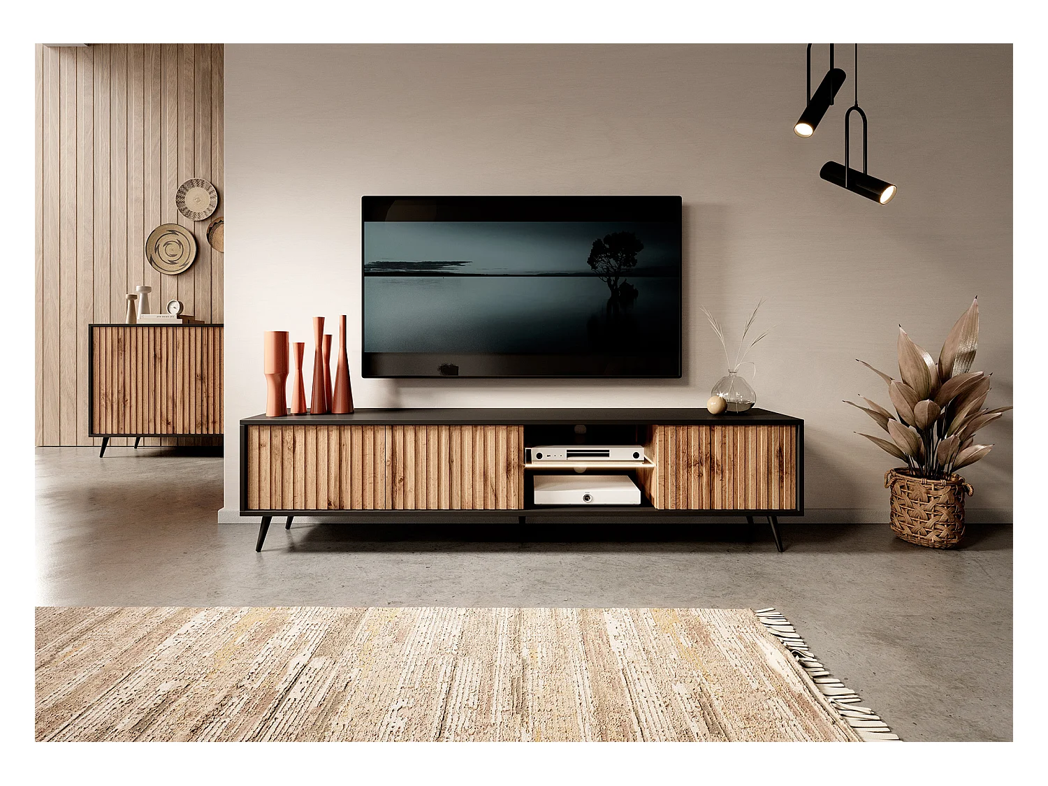 TV-meubel met lamellenfronten - 175 cm - zwart / wotan eiken met LED - Selsey Bello