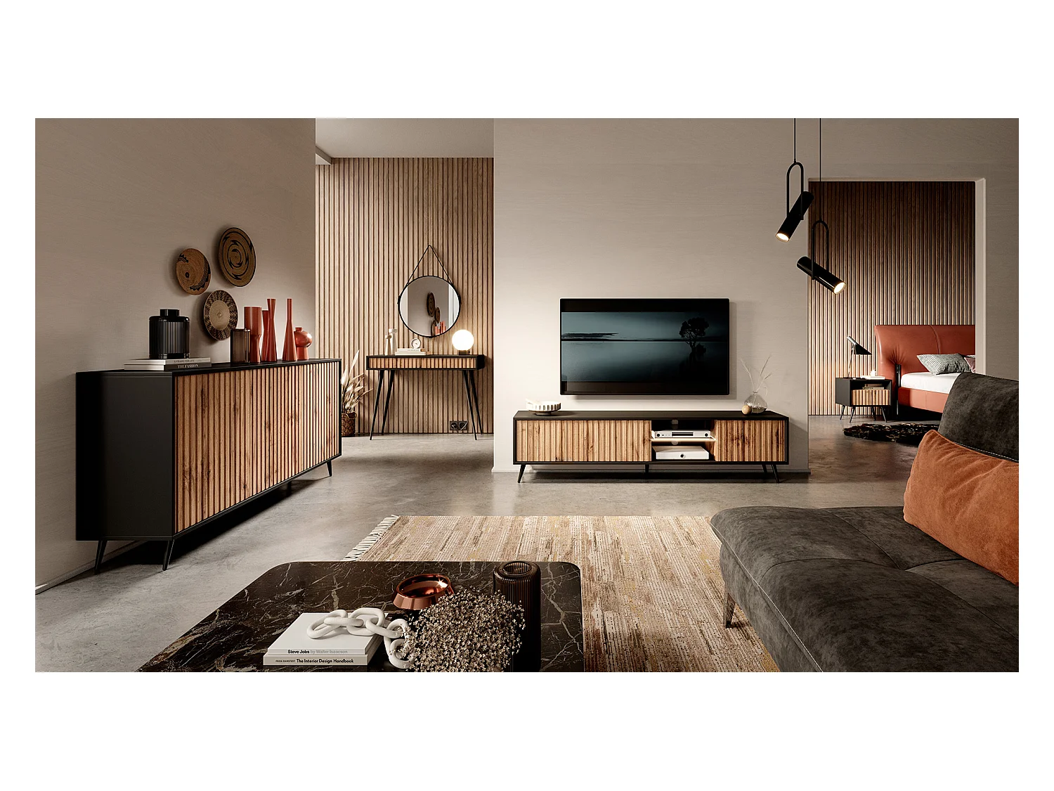 TV-meubel met lamellenfronten - 175 cm - zwart / wotan eiken met LED - Selsey Bello