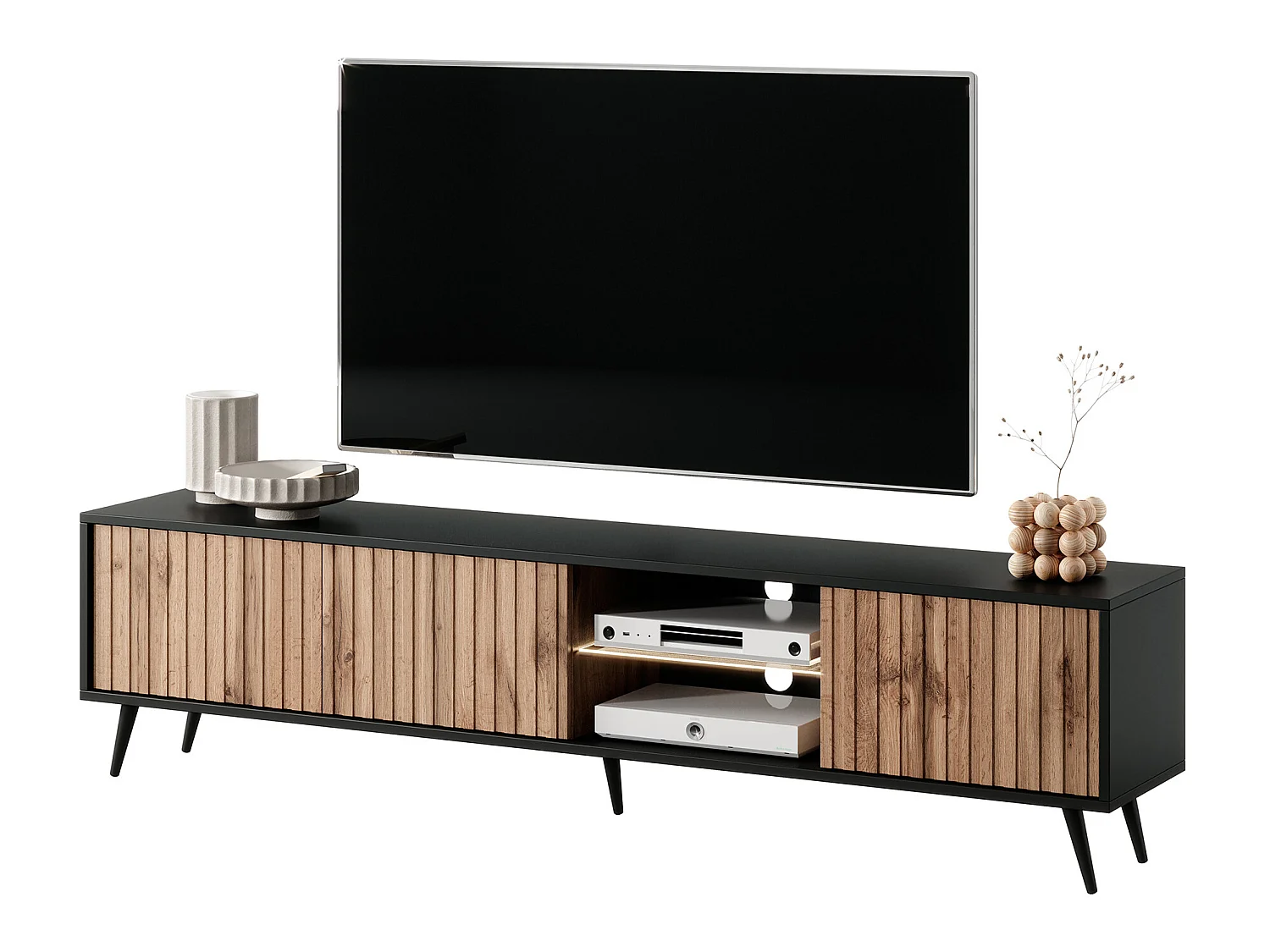 TV-meubel met lamellenfronten - 175 cm - zwart / wotan eiken met LED - Selsey Bello