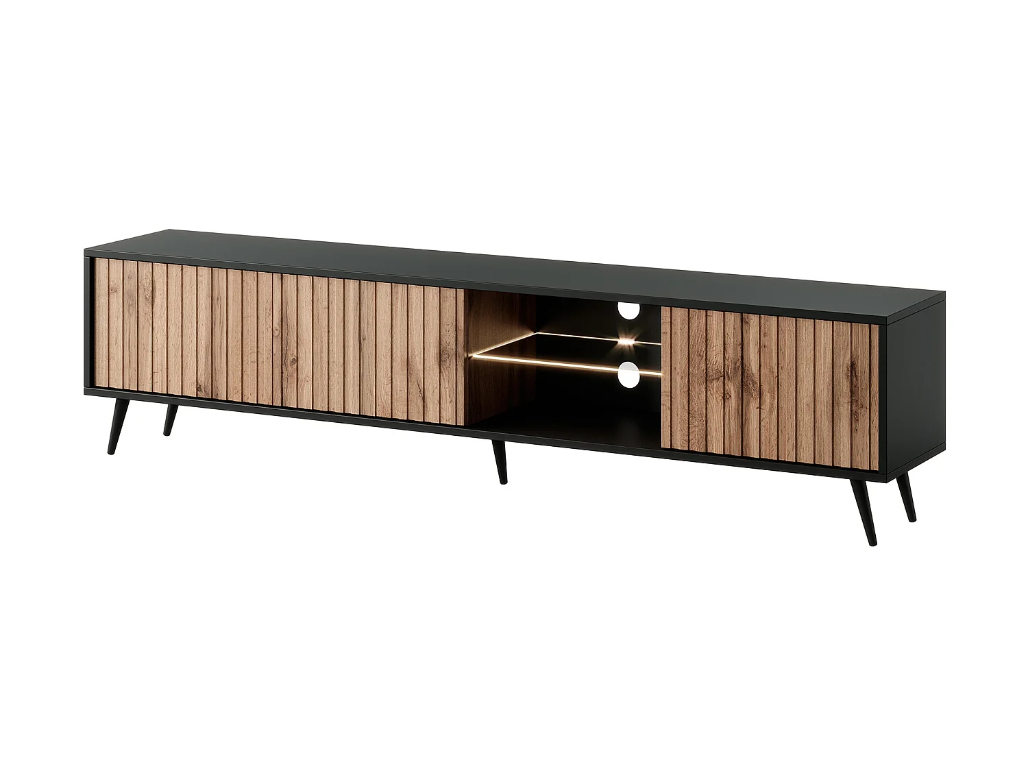 TV-meubel met lamellenfronten - 175 cm - zwart / wotan eiken met LED - Selsey Bello