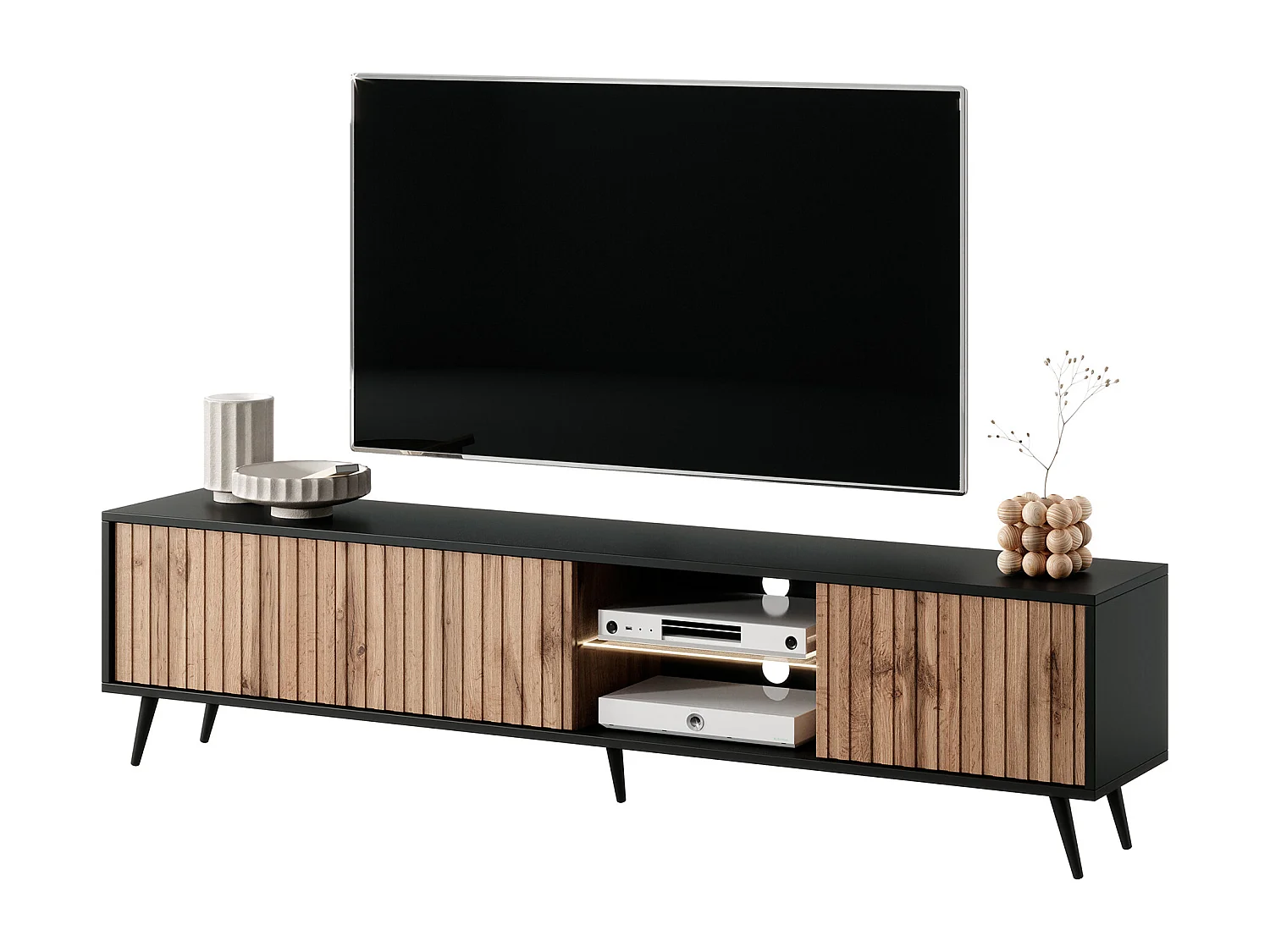 Meuble TV avec façades à lamelles - 175 cm - noir / chêne wotan avec led - Selsey Bello