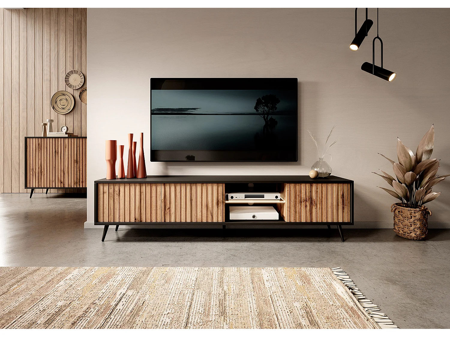 Meuble TV avec façades à lamelles - 175 cm - noir / chêne wotan avec led - Selsey Bello