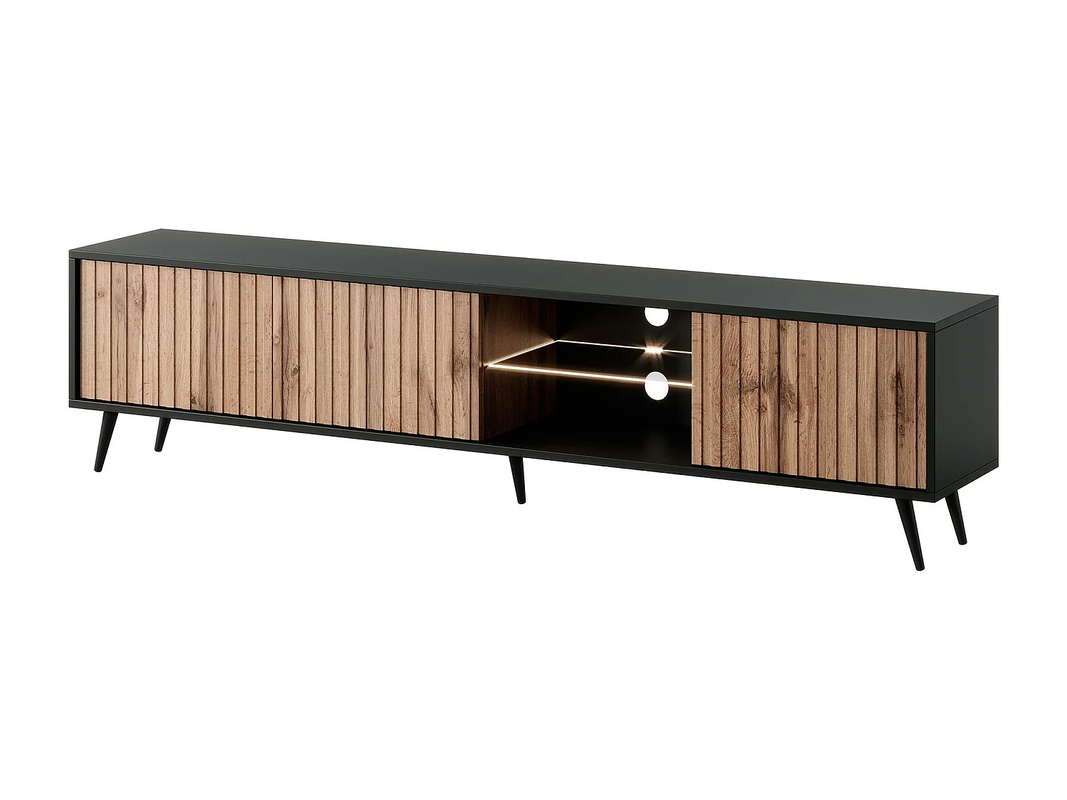 Meuble TV avec façades à lamelles - 175 cm - noir / chêne wotan avec led - Selsey Bello
