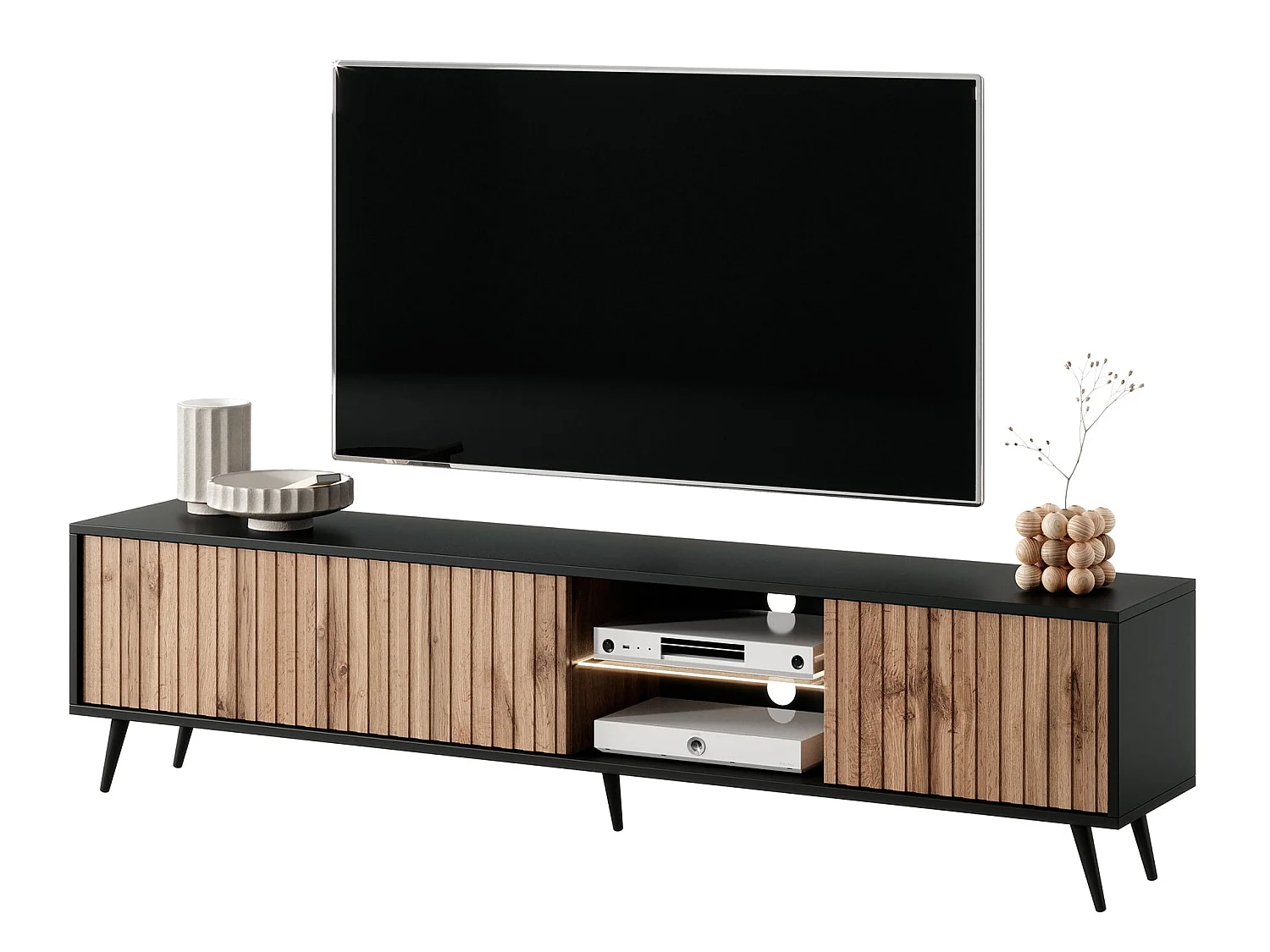 Meuble TV avec façades à lamelles - 175 cm - noir / chêne wotan avec led - Selsey Bello