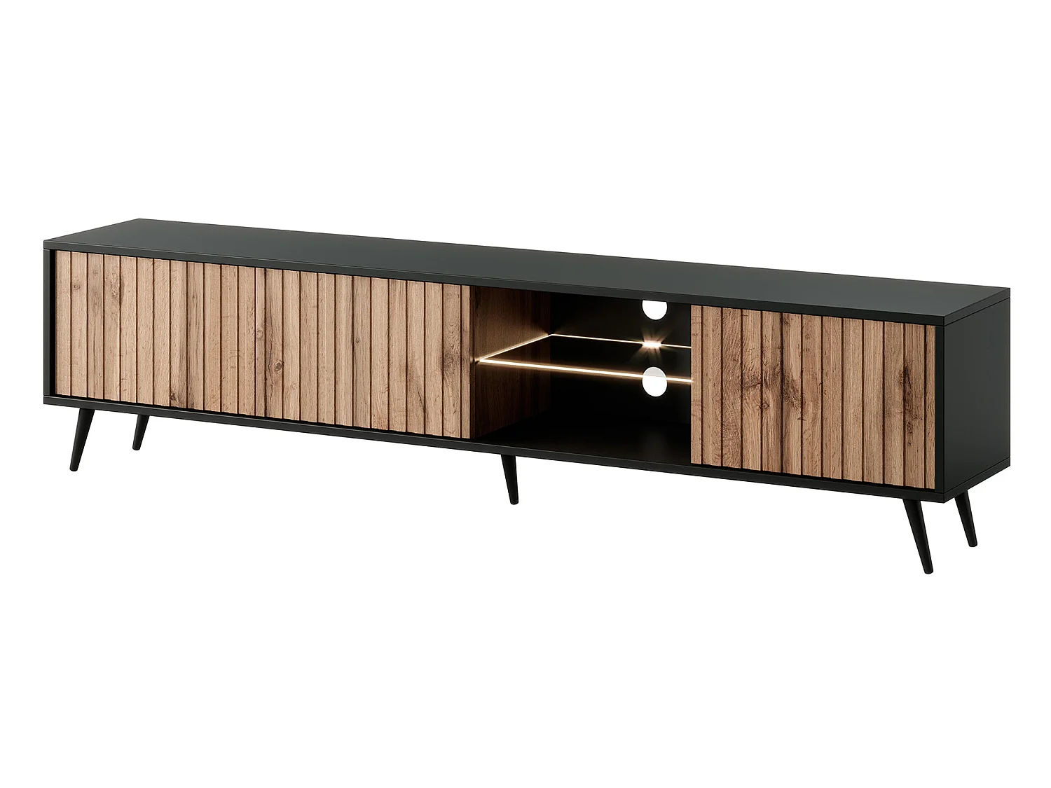 Meuble TV avec façades à lamelles - 175 cm - noir / chêne wotan avec led - Selsey Bello