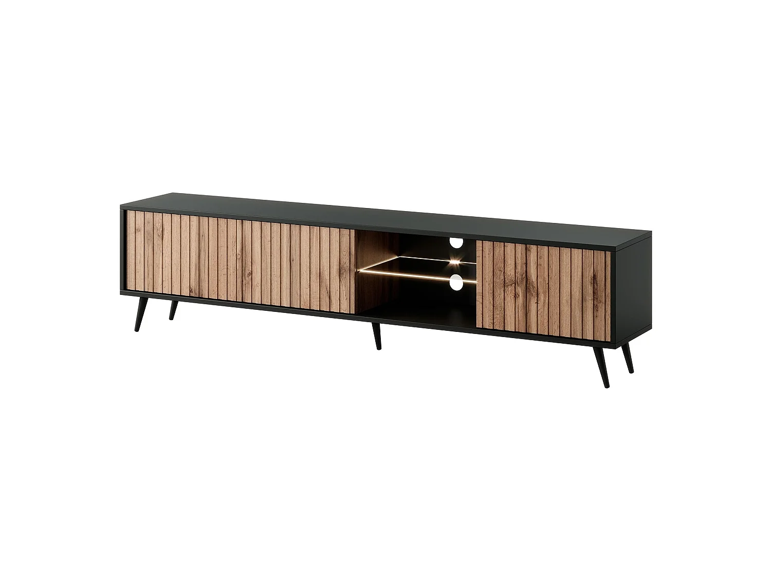 Meuble TV avec façades à lamelles - 175 cm - noir / chêne wotan avec led - Selsey Bello