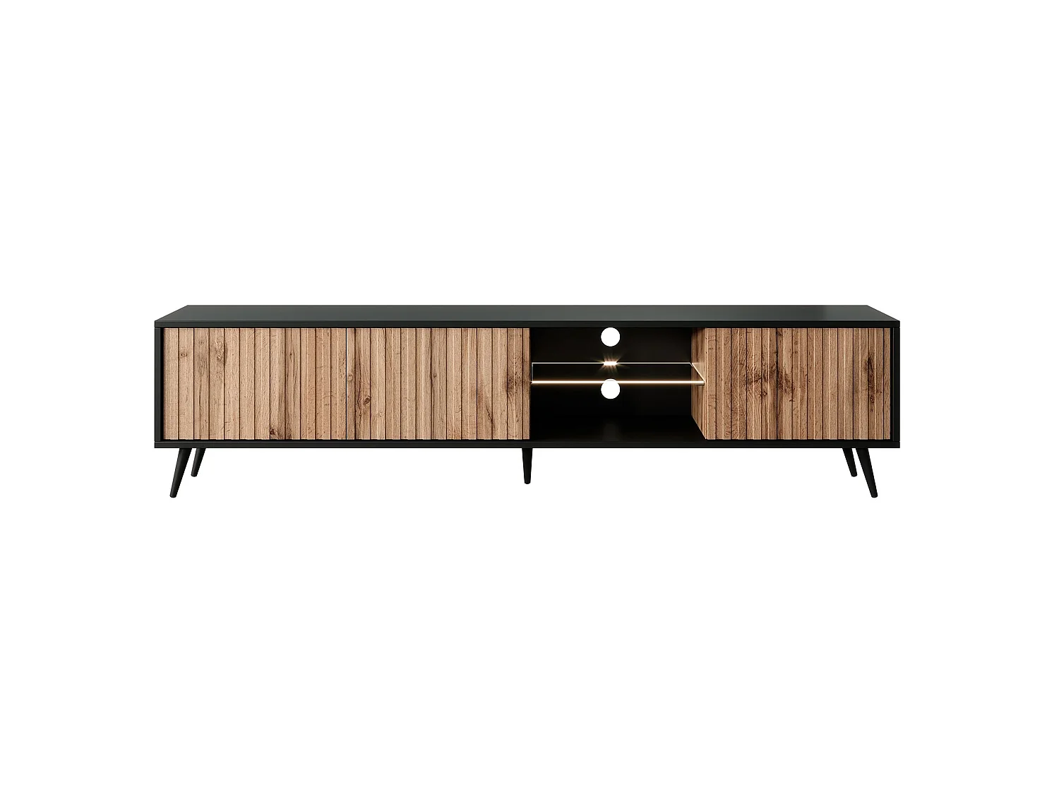 Meuble TV avec façades à lamelles - 175 cm - noir / chêne wotan avec led - Selsey Bello