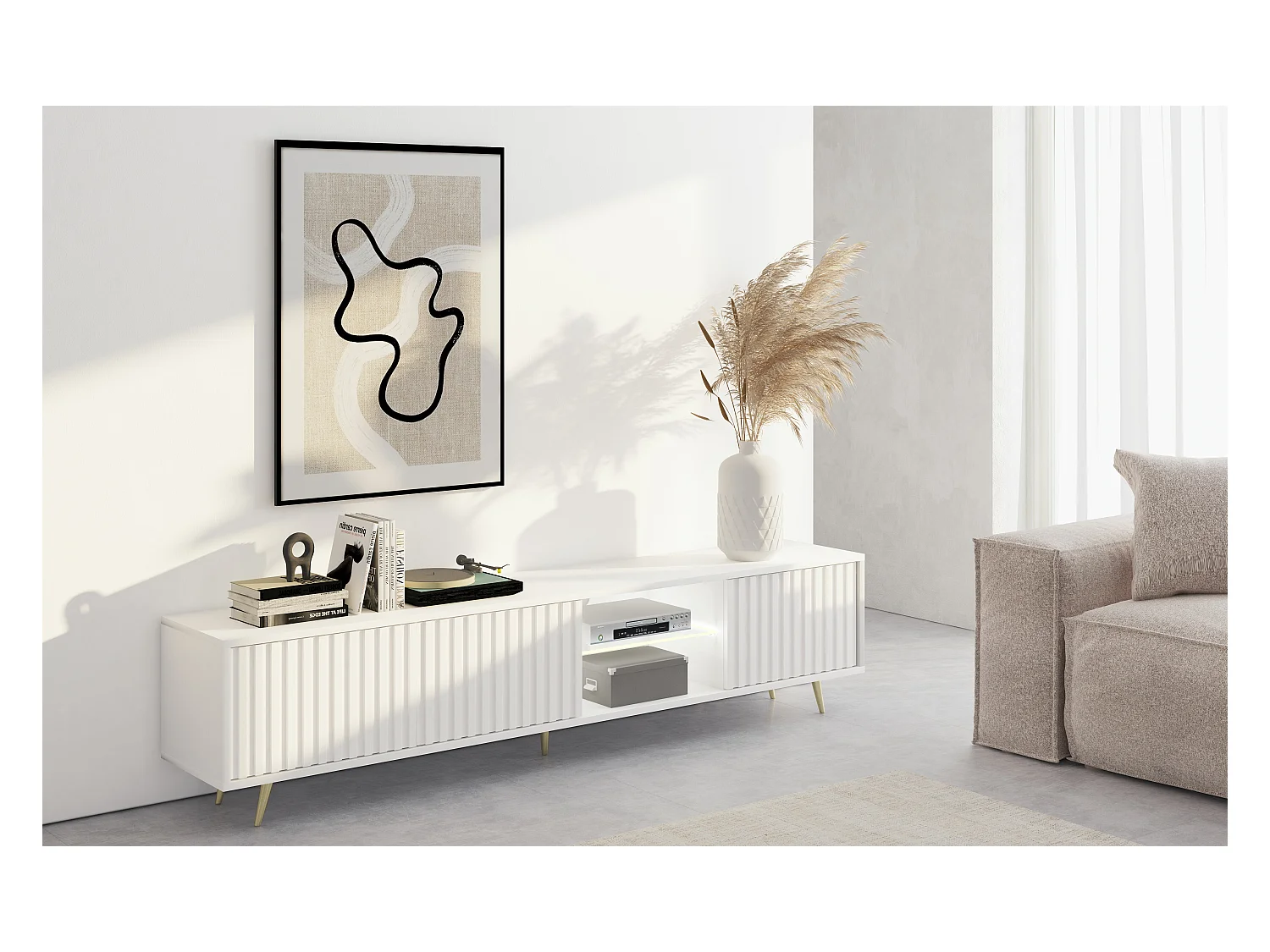 TV-Lowboard stehend in Weiß mit LED-Beleuchtung, Lamellenfront, 175 cm - Bello