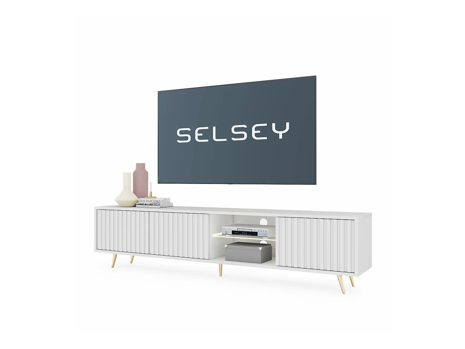 TV-Lowboard stehend in Weiß mit LED-Beleuchtung, Lamellenfront, 175 cm - Bello