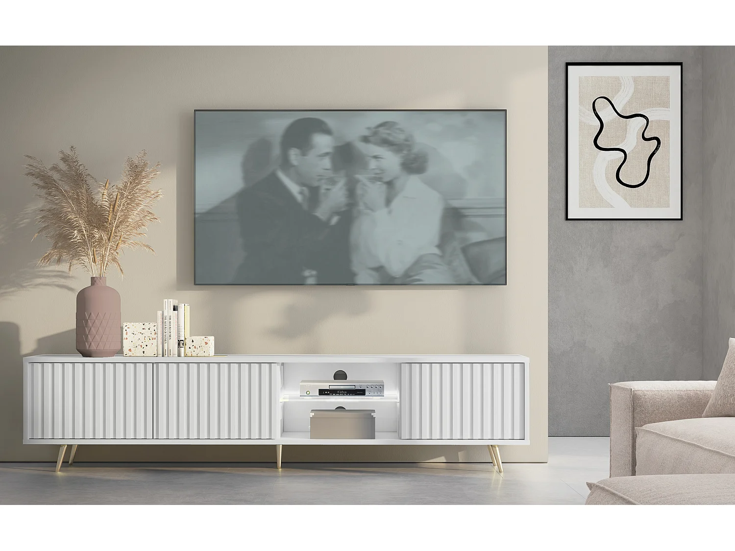 Meuble tv led 175 cm blanc, façades à lamelles et pieds dorés - Selsey Bello