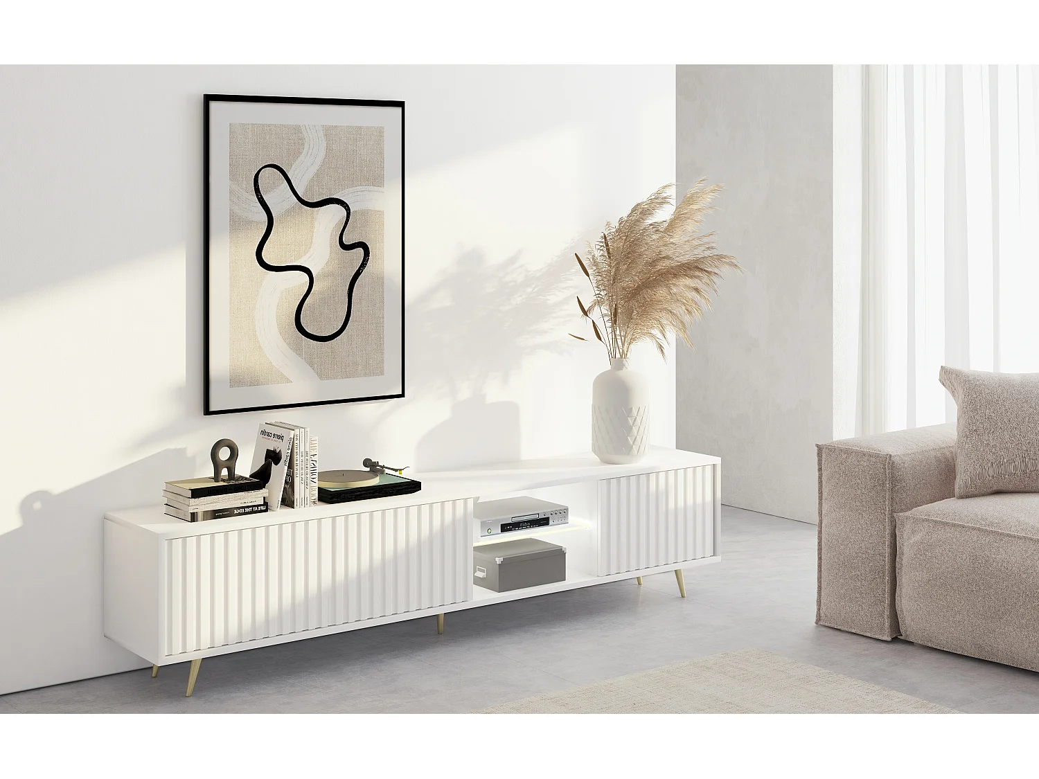 Meuble tv led 175 cm blanc, façades à lamelles et pieds dorés - Selsey Bello