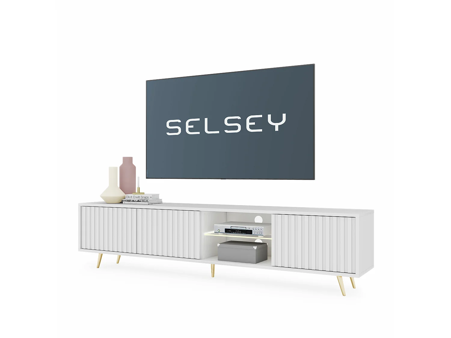 Meuble tv led 175 cm blanc, façades à lamelles et pieds dorés - Selsey Bello