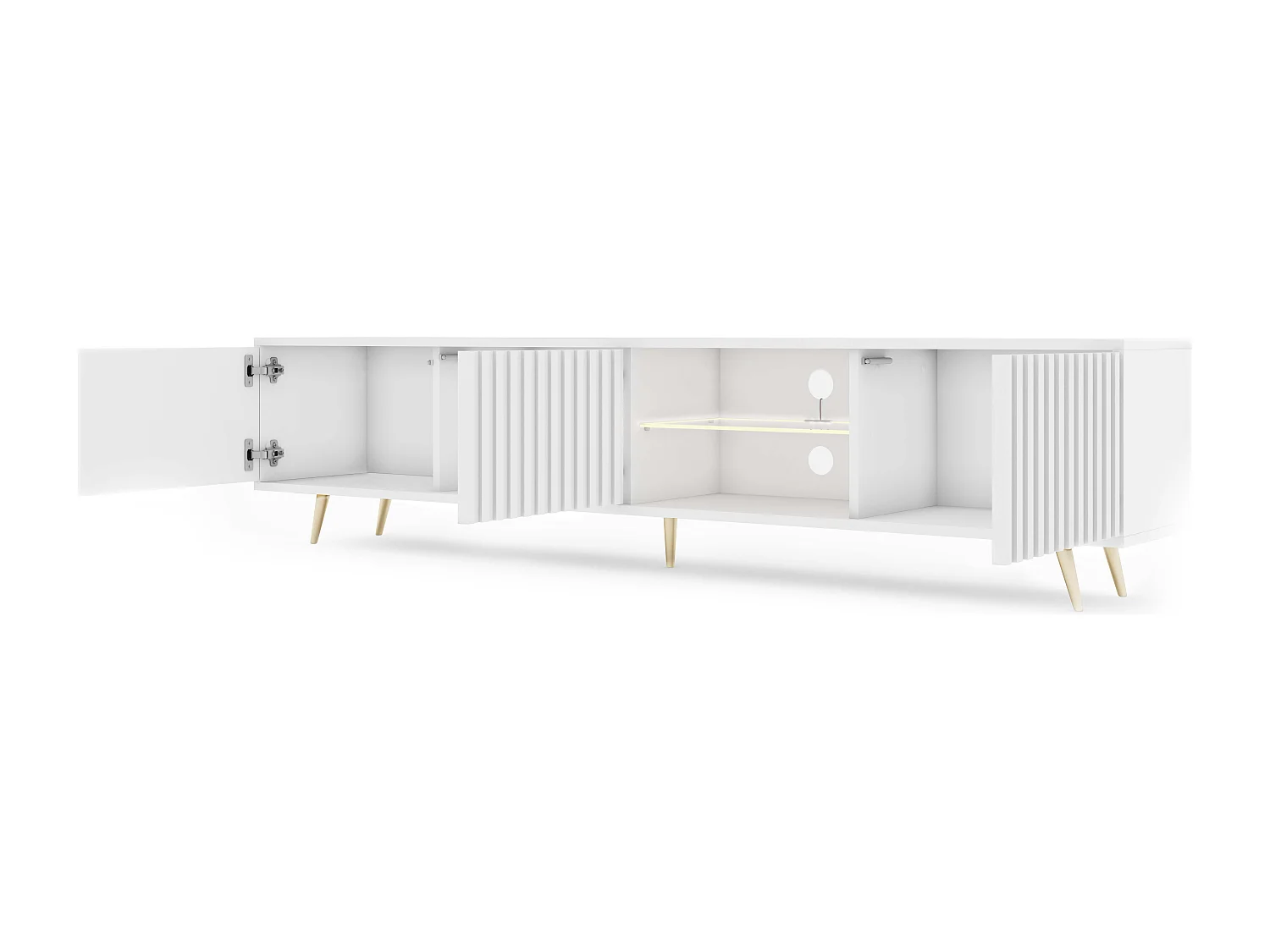175 cm weißer LED-TV-Schrank mit Lamellenfronten und goldenen Beinen – Selsey Bello