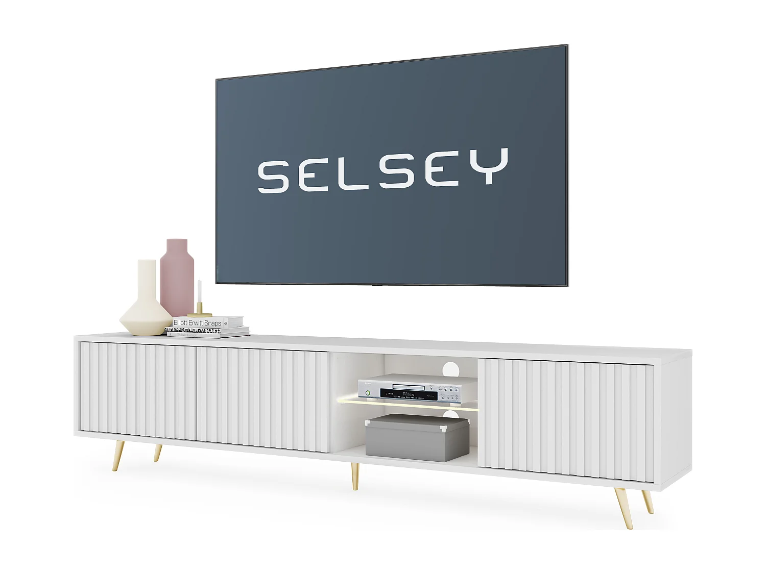 175 cm weißer LED-TV-Schrank mit Lamellenfronten und goldenen Beinen – Selsey Bello