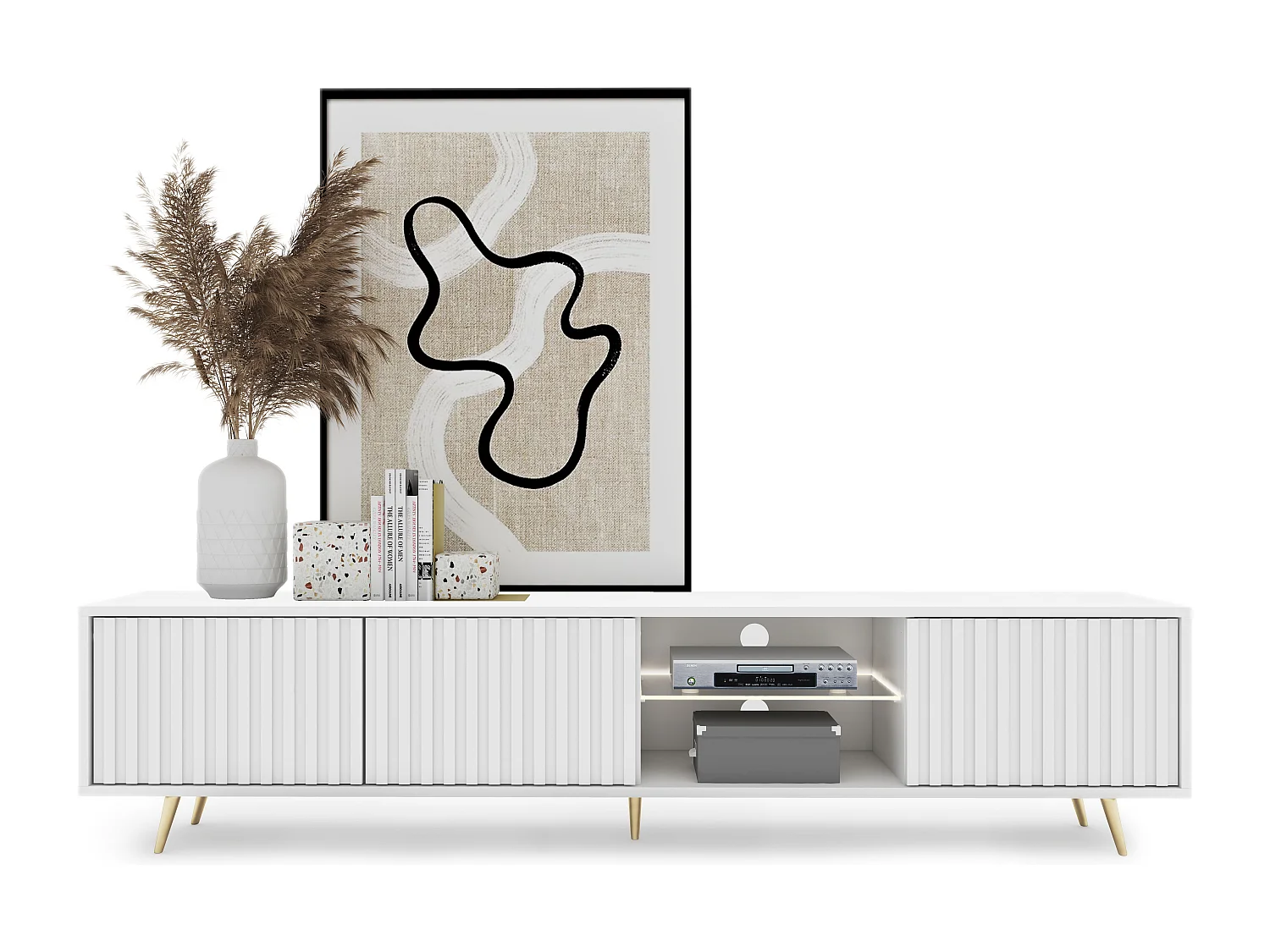 175 cm weißer LED-TV-Schrank mit Lamellenfronten und goldenen Beinen – Selsey Bello