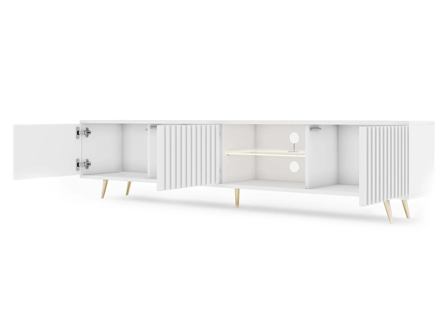 Meuble tv led 175 cm blanc, façades à lamelles et pieds dorés - Selsey Bello