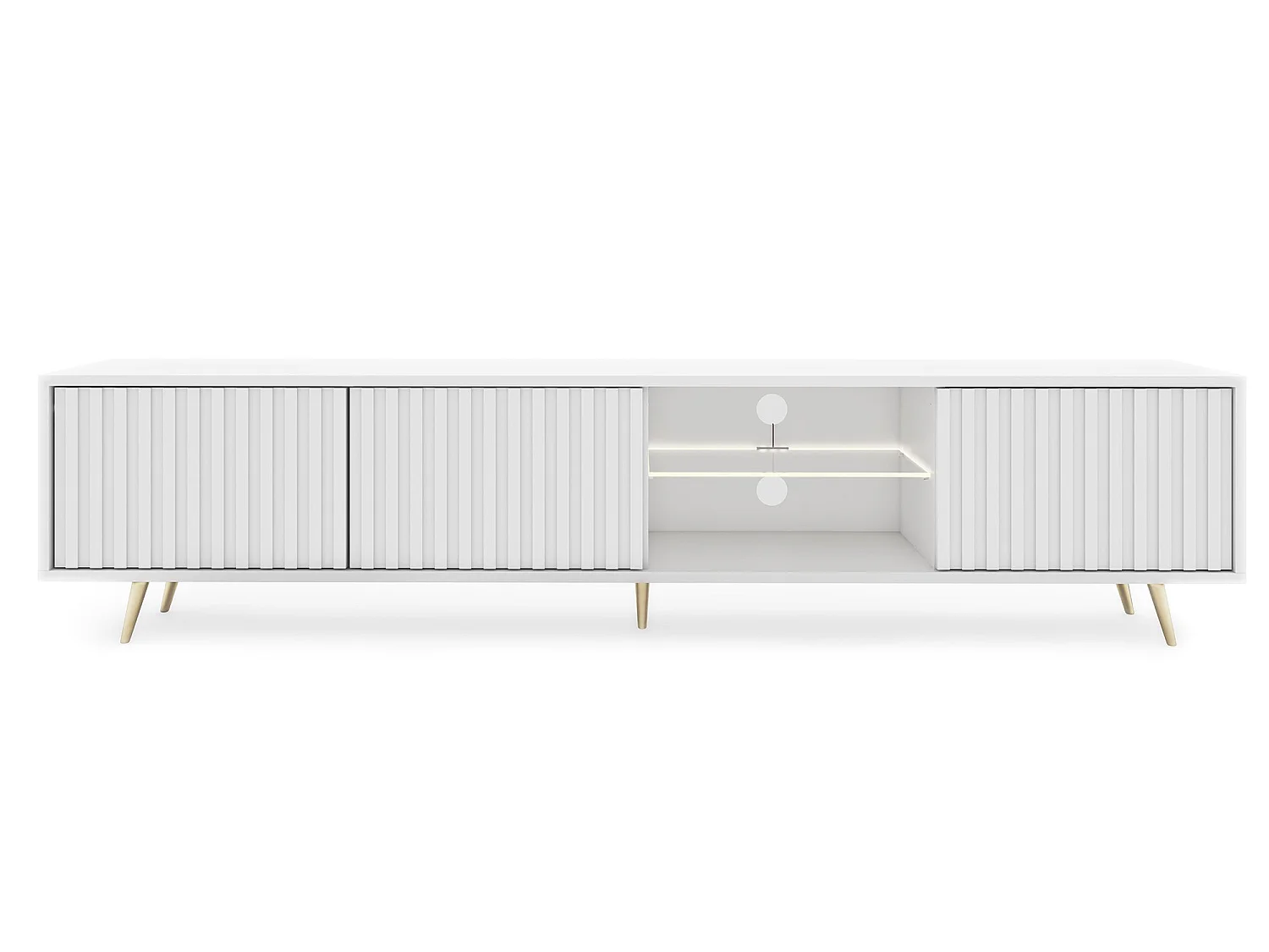 Meuble tv led 175 cm blanc, façades à lamelles et pieds dorés - Selsey Bello