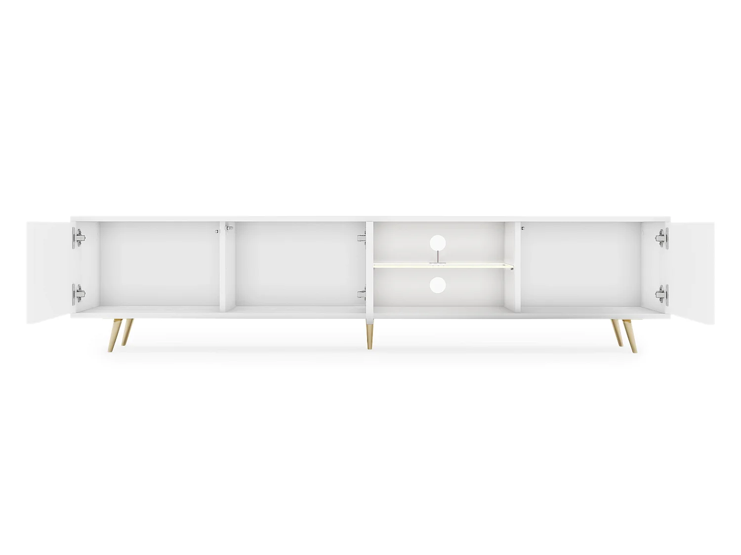 Meuble tv led 175 cm blanc, façades à lamelles et pieds dorés - Selsey Bello