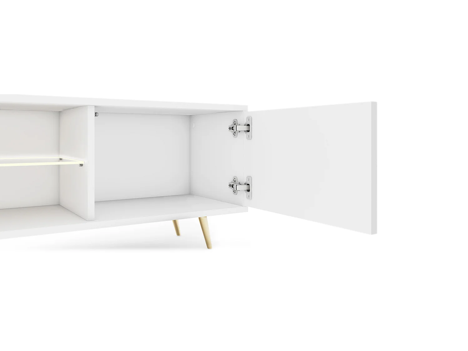 Meuble tv led 175 cm blanc, façades à lamelles et pieds dorés - Selsey Bello