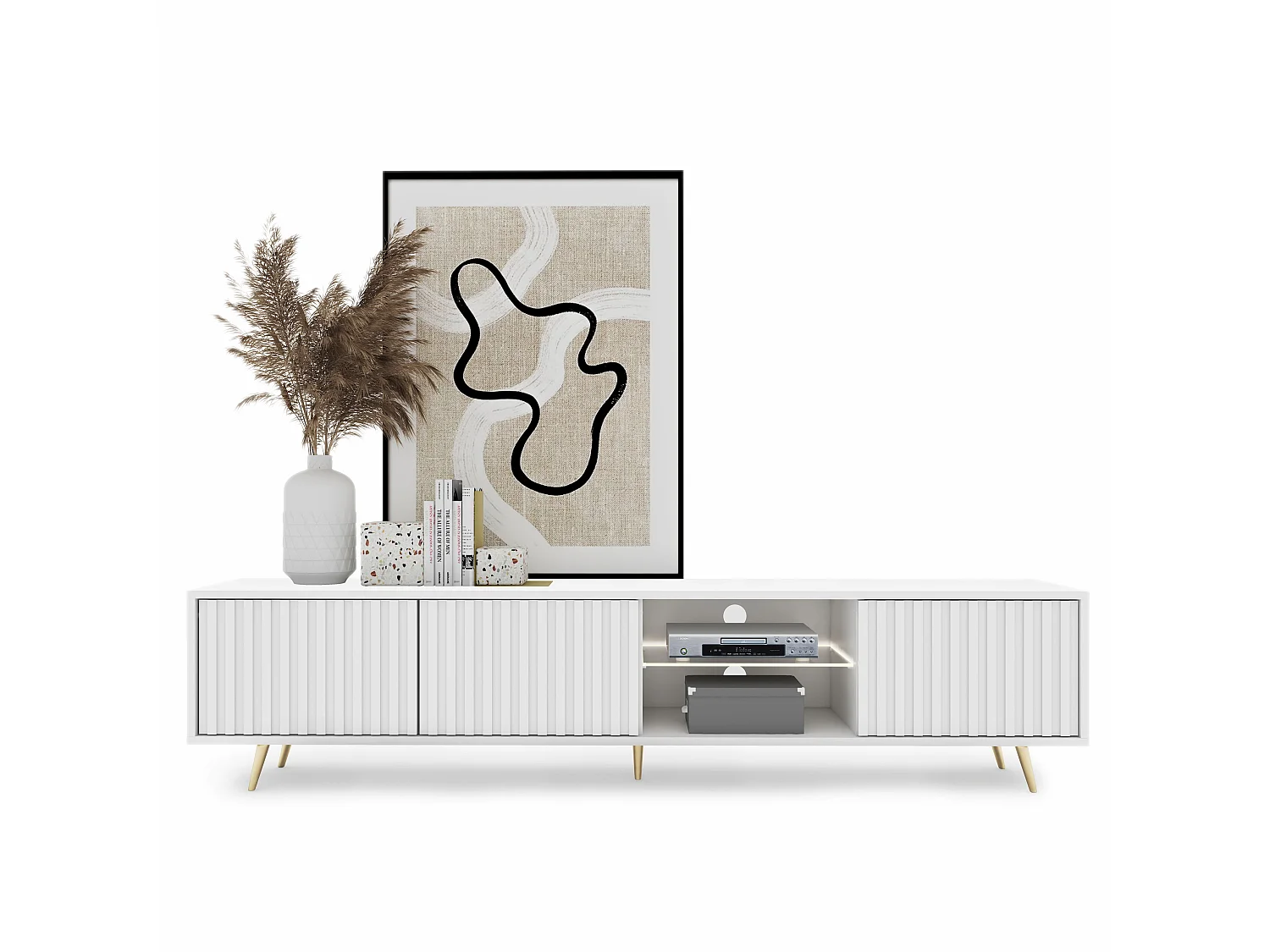 Meuble tv led 175 cm blanc, façades à lamelles et pieds dorés - Selsey Bello