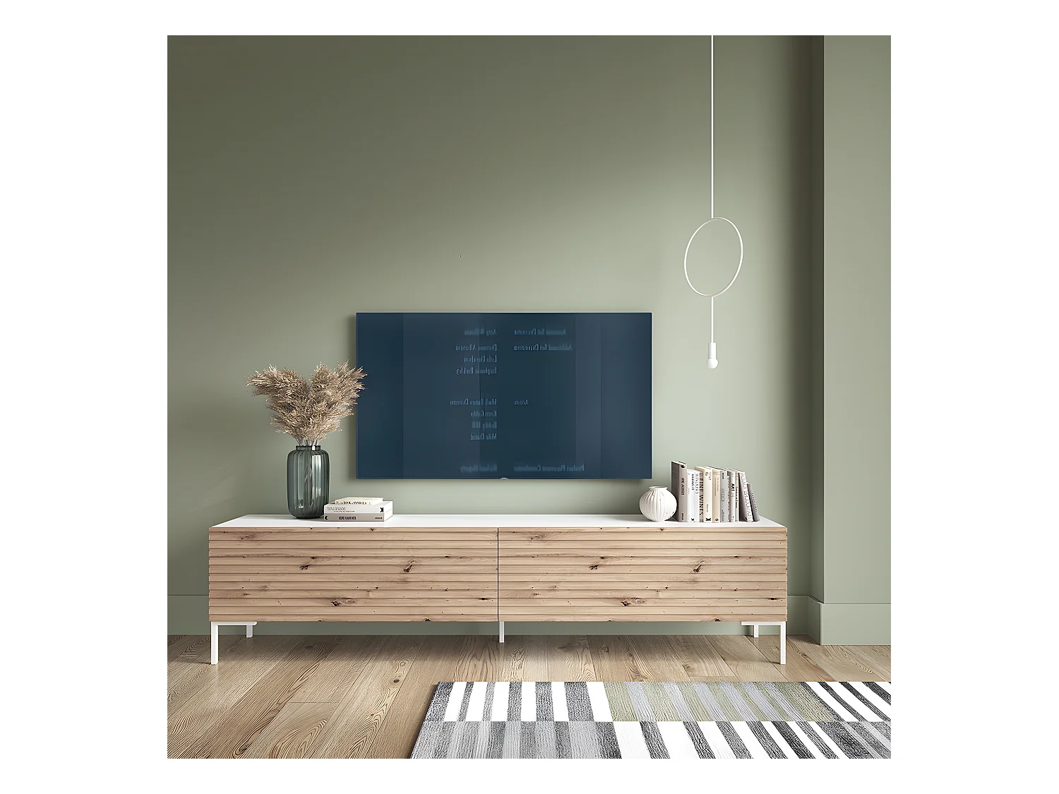 Mueble de TV -blanco / roble con frentes de listones - 140 cm - Lammelo