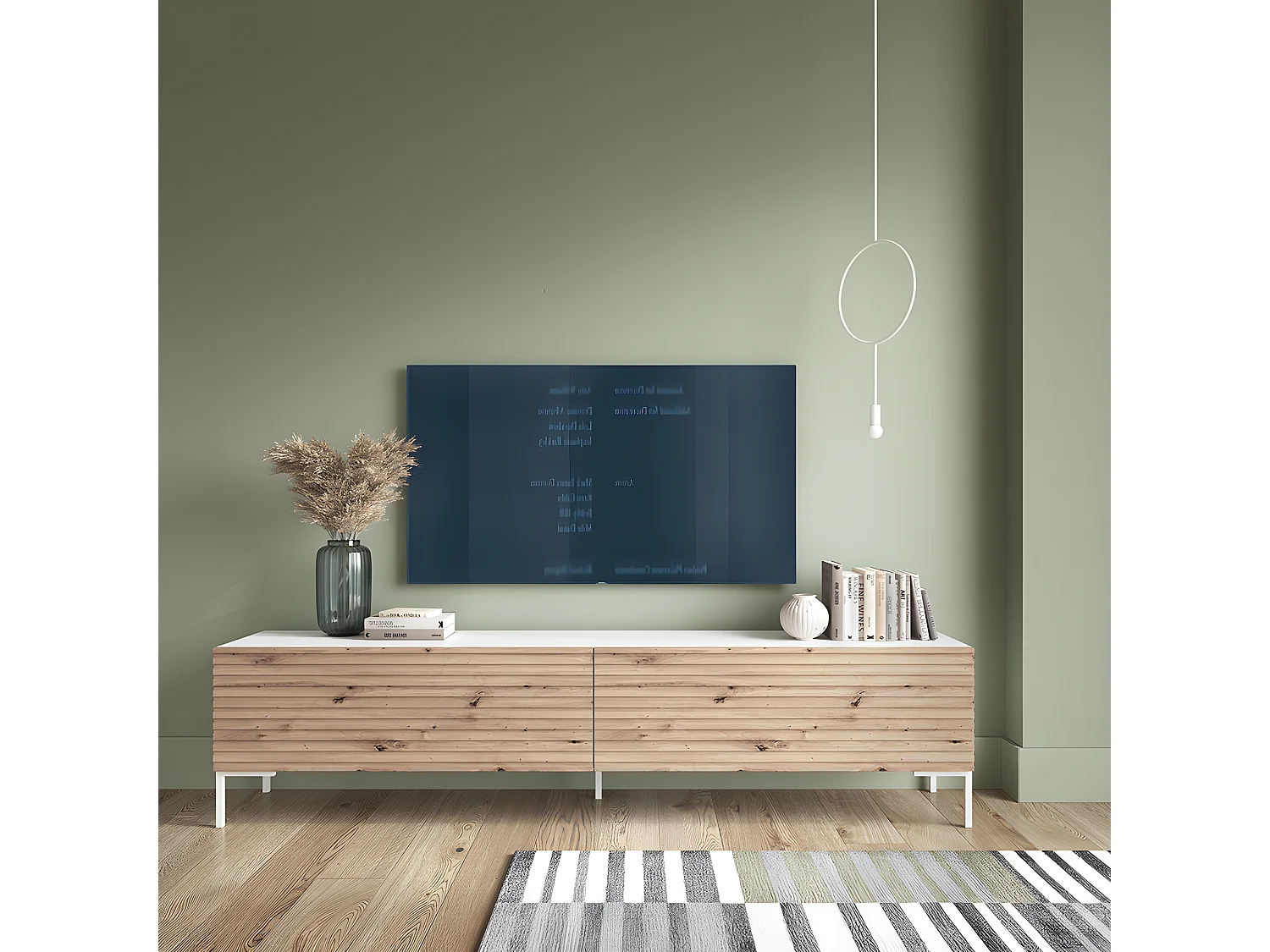 Mueble de TV -blanco / roble con frentes de listones - 140 cm - Lammelo