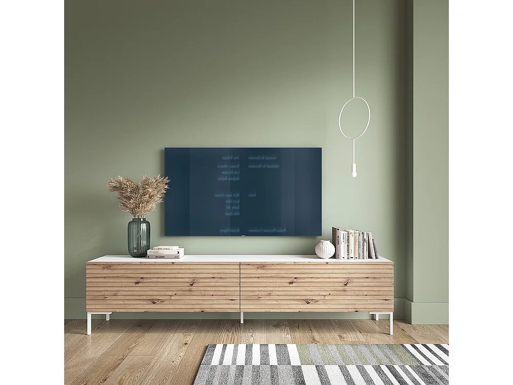Mueble de TV -blanco / roble con frentes de listones - 140 cm - Lammelo