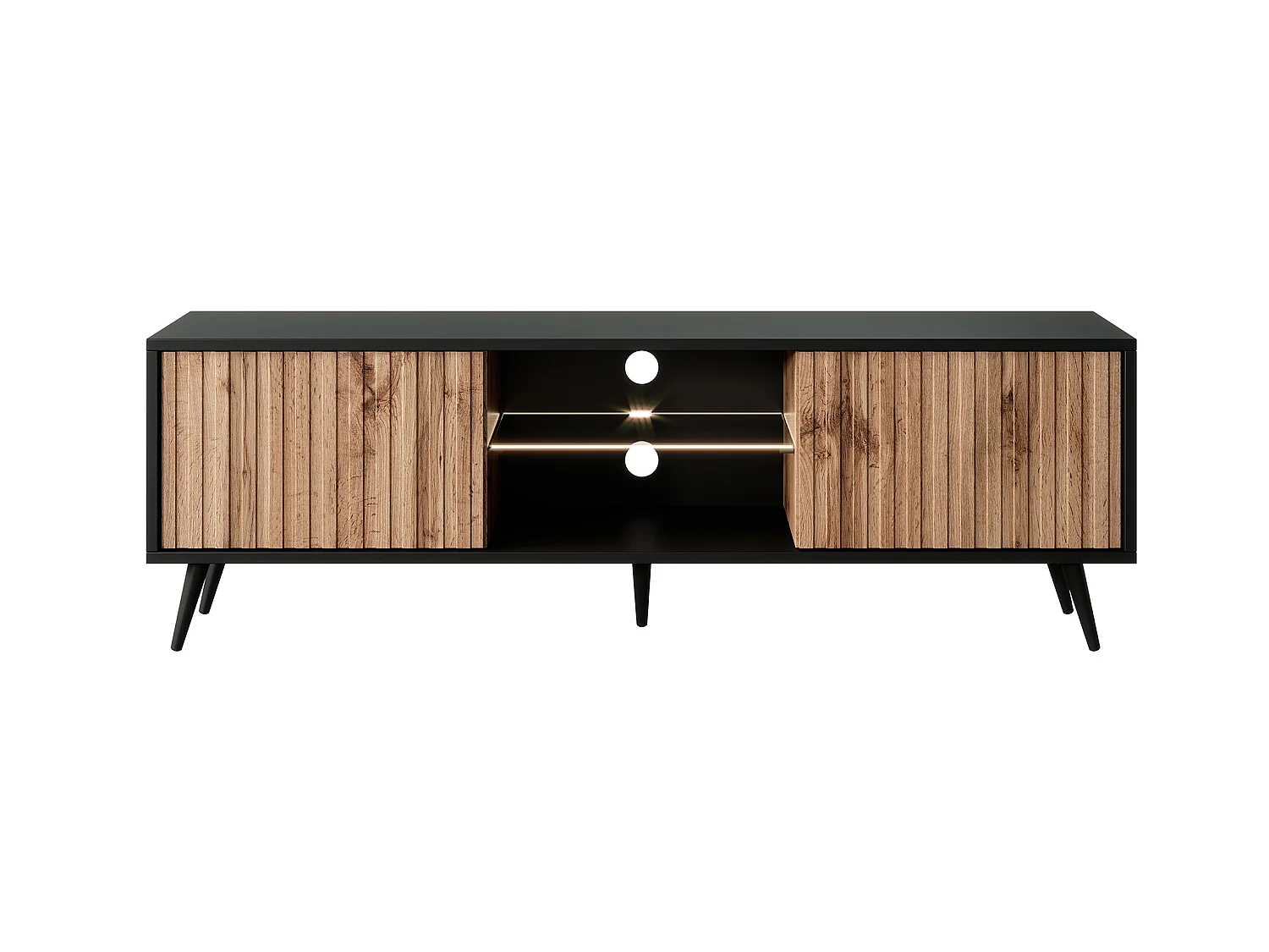 TV-meubel met lamellenfronten - 135 cm - zwart / wotan eiken met LED - Selsey Bello