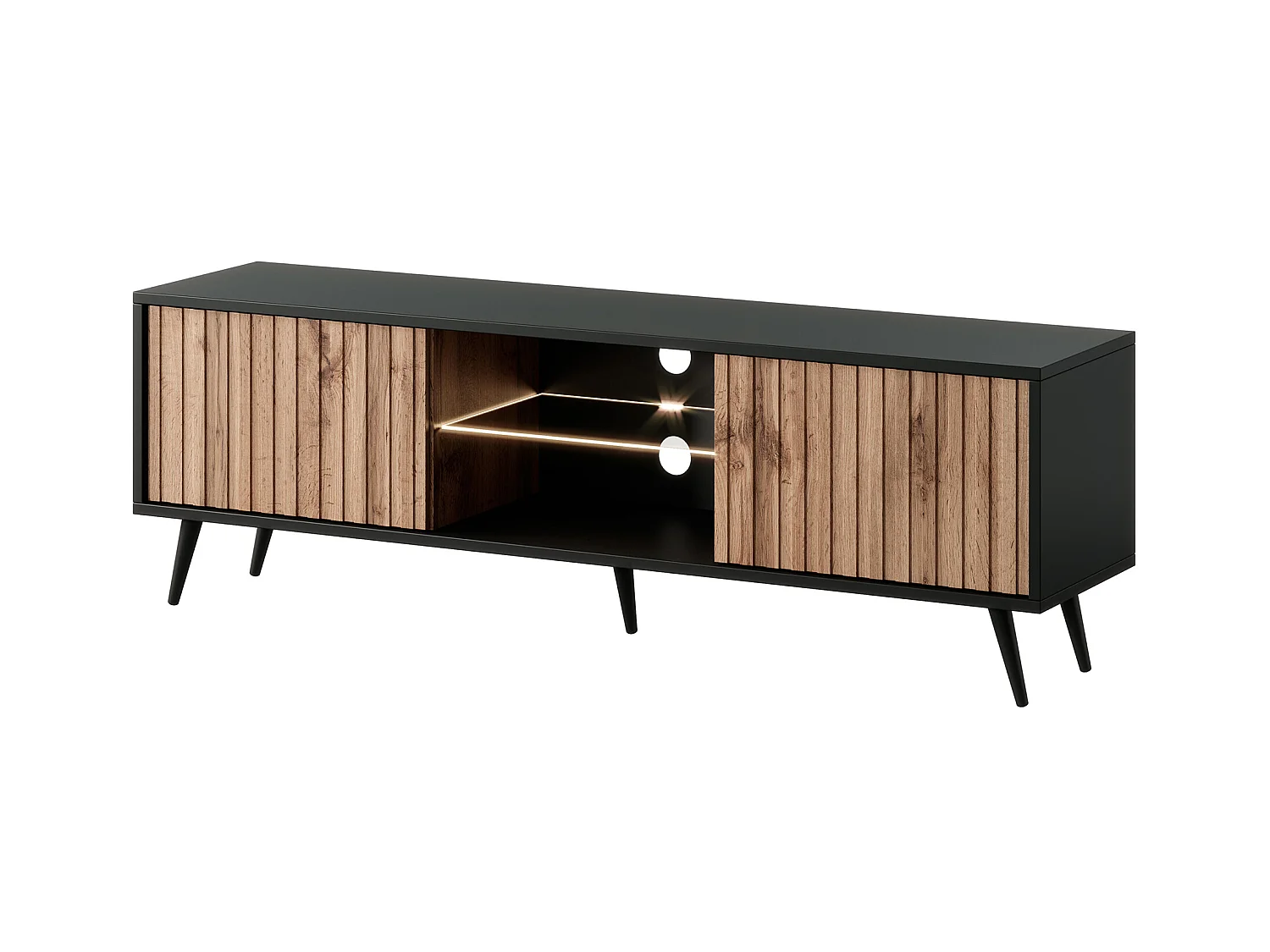 TV-meubel met lamellenfronten - 135 cm - zwart / wotan eiken met LED - Selsey Bello