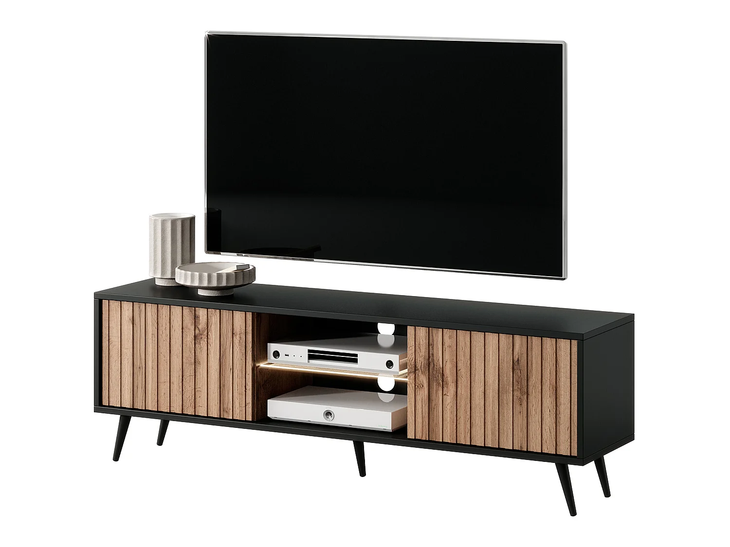 TV-meubel met lamellenfronten - 135 cm - zwart / wotan eiken met LED - Selsey Bello