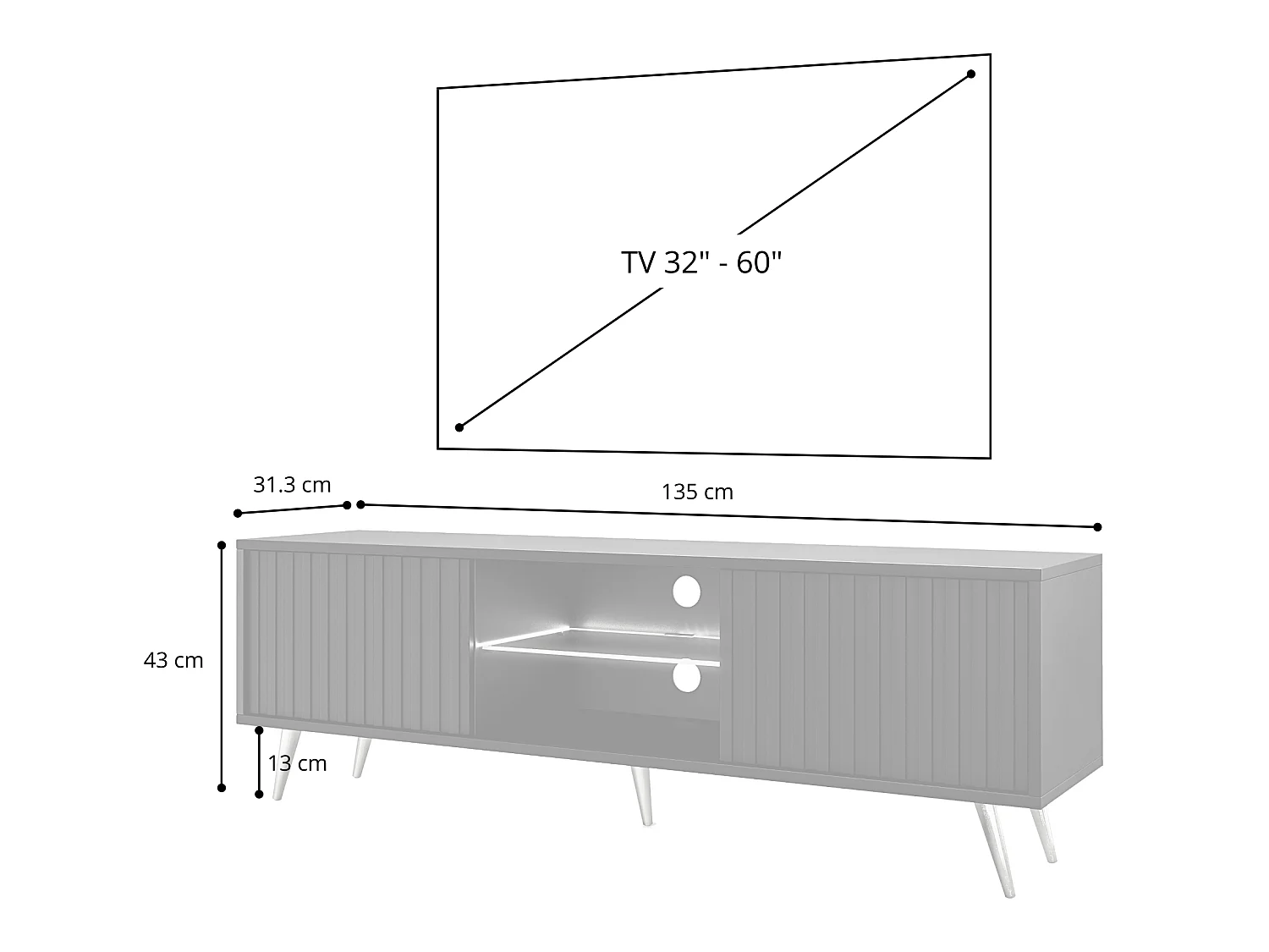 TV-meubel met lamellenfronten - 135 cm - zwart / wotan eiken met LED - Selsey Bello