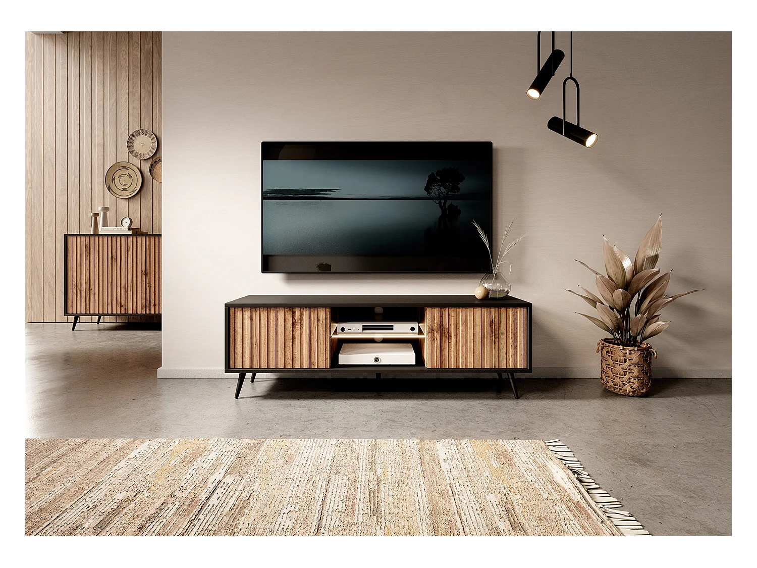 Meuble TV avec façades à lamelles - 135 cm - noir / chêne wotan avec led - Selsey Bello