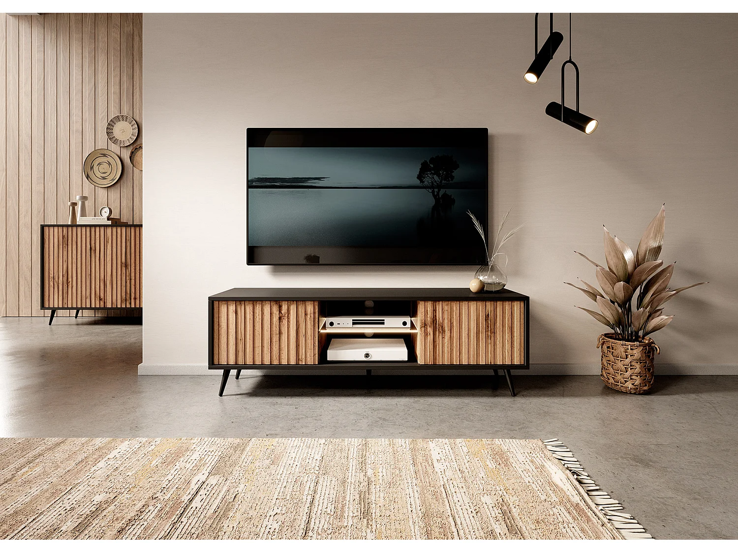 Meuble TV avec façades à lamelles - 135 cm - noir / chêne wotan avec led - Selsey Bello