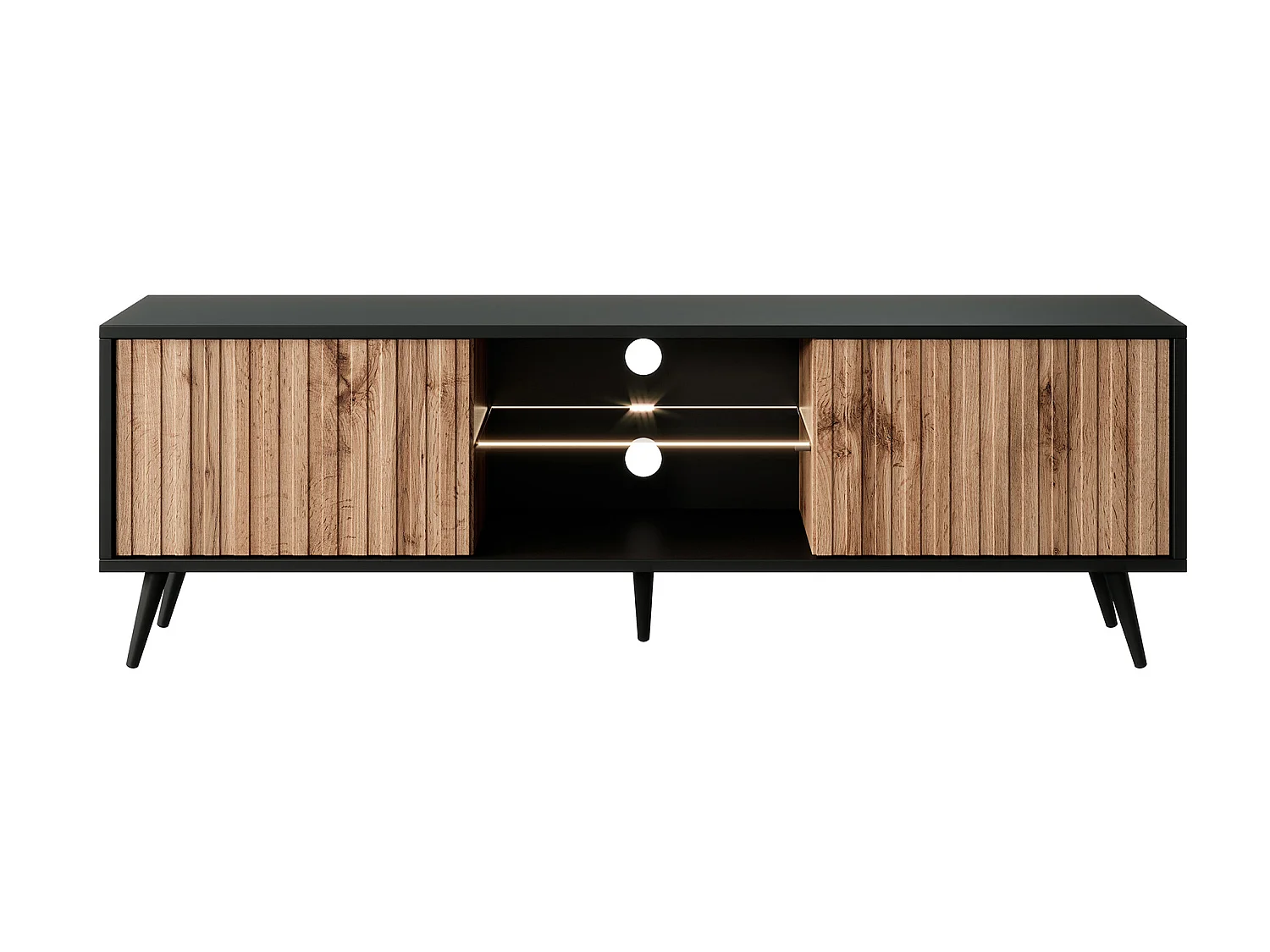 Meuble TV avec façades à lamelles - 135 cm - noir / chêne wotan avec led - Selsey Bello