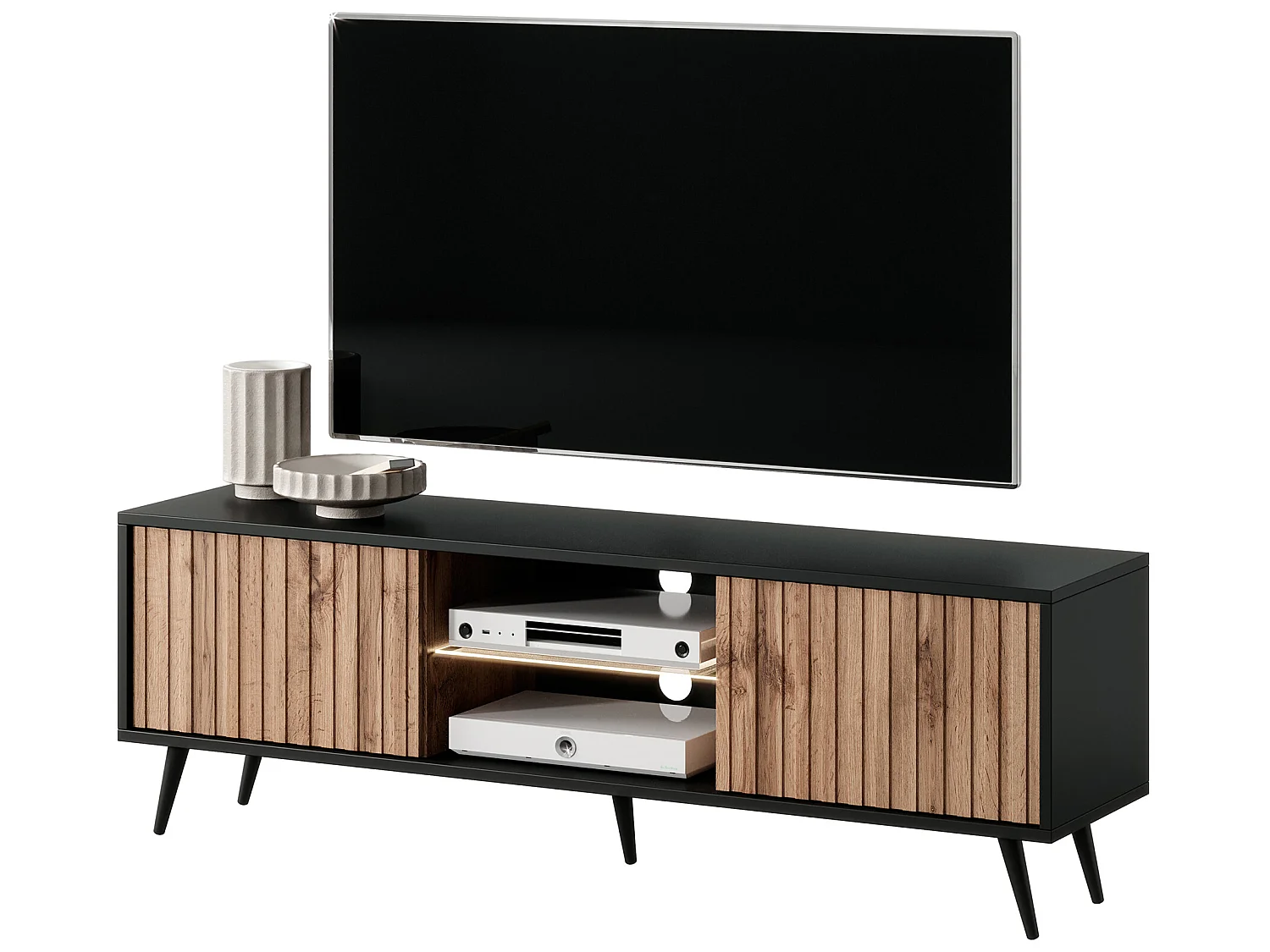 Meuble TV avec façades à lamelles - 135 cm - noir / chêne wotan avec led - Selsey Bello