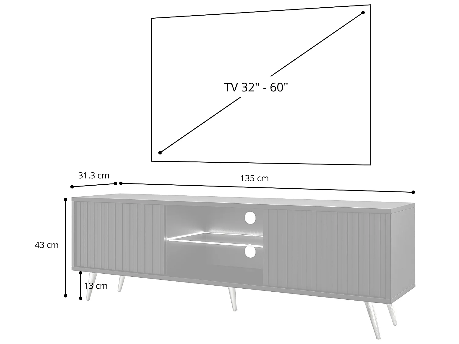 Meuble TV avec façades à lamelles - 135 cm - noir / chêne wotan avec led - Selsey Bello