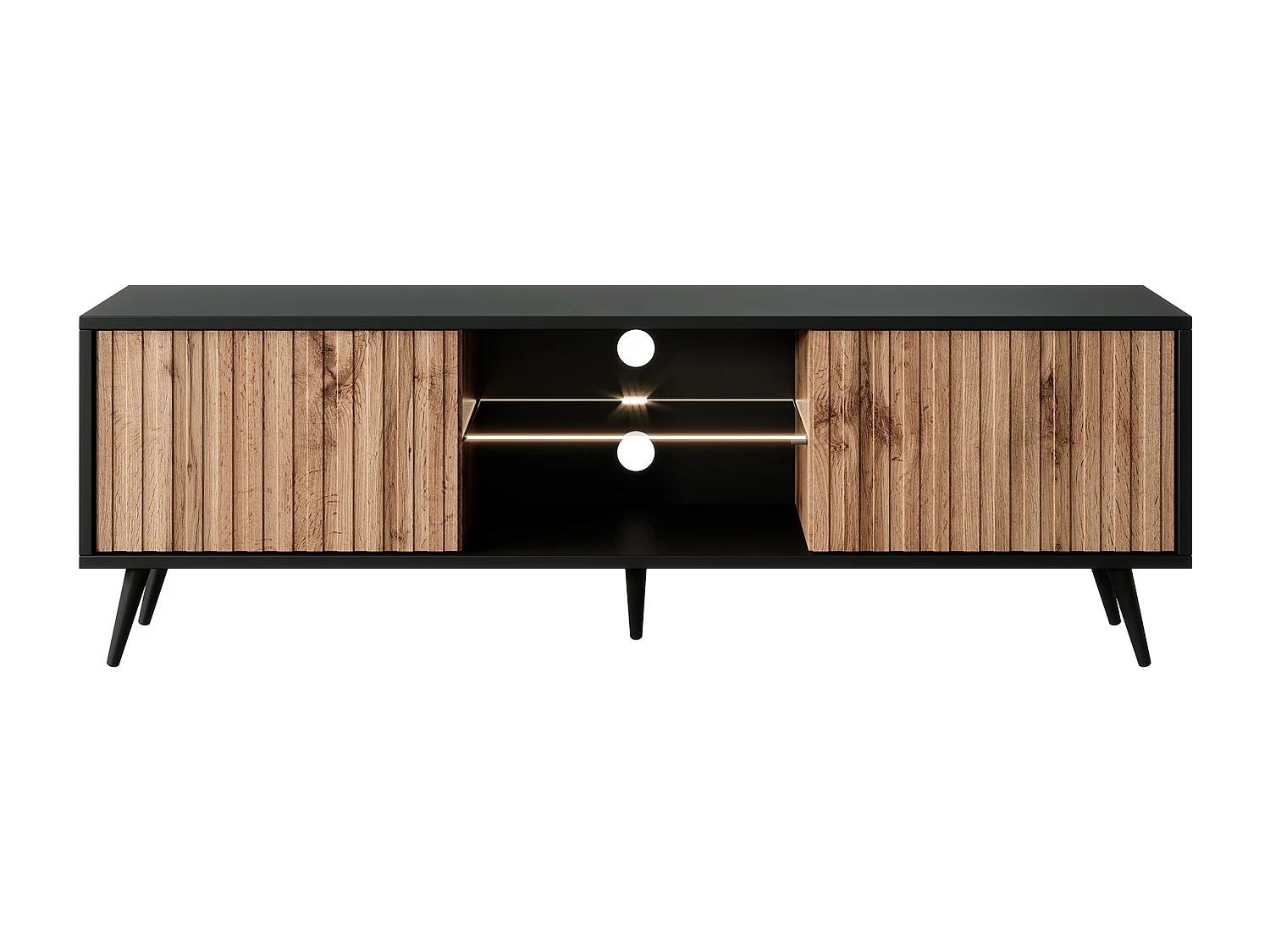 TV-meubel met lamellenfronten - 135 cm - zwart / wotan eiken met LED - Selsey Bello