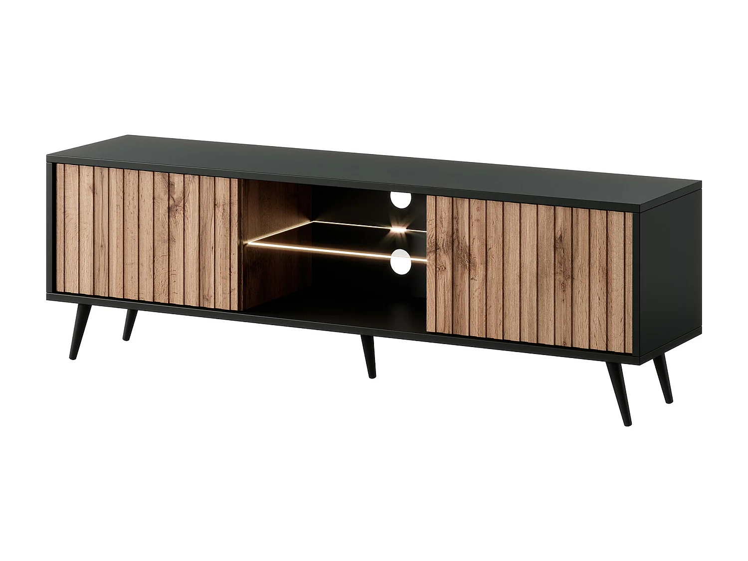 TV-meubel met lamellenfronten - 135 cm - zwart / wotan eiken met LED - Selsey Bello