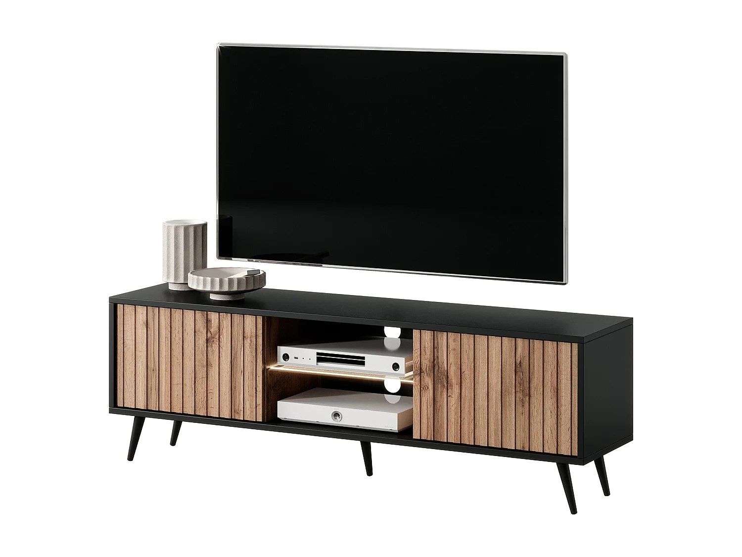 TV-meubel met lamellenfronten - 135 cm - zwart / wotan eiken met LED - Selsey Bello