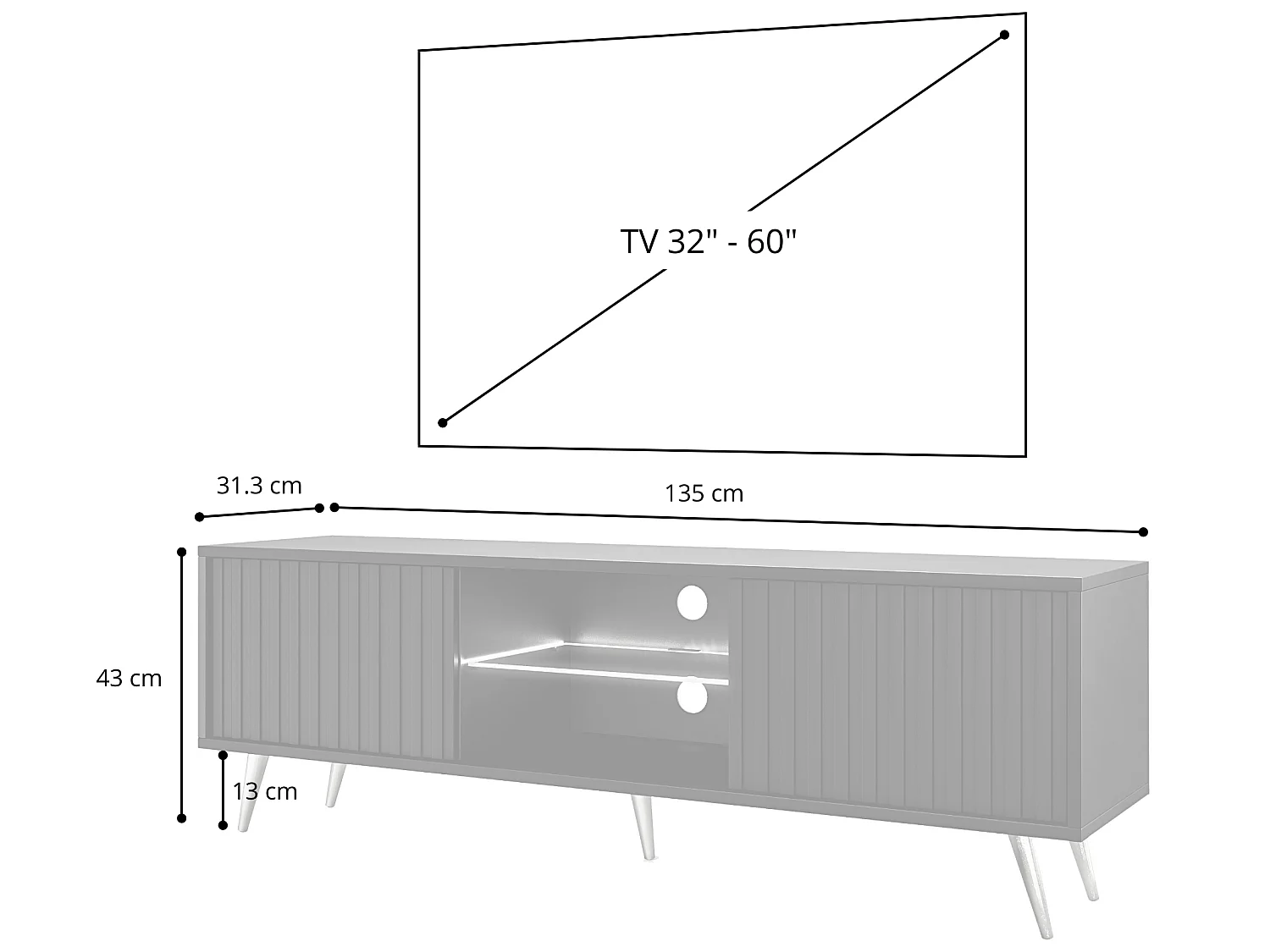 Meuble TV avec façades à lamelles - 135 cm - noir / chêne wotan avec led - Selsey Bello