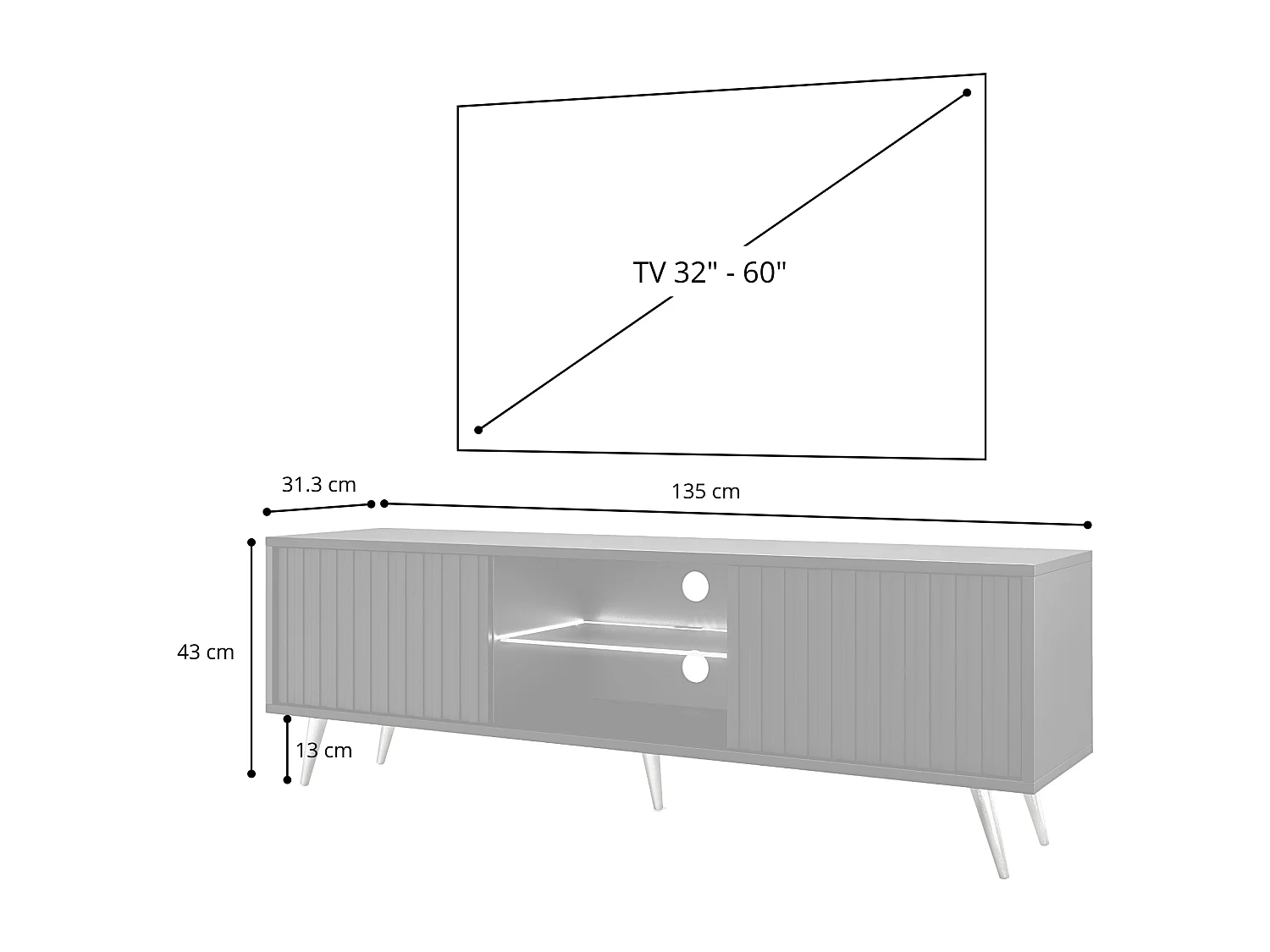 TV-meubel met lamellenfronten - 135 cm - zwart / wotan eiken met LED - Selsey Bello