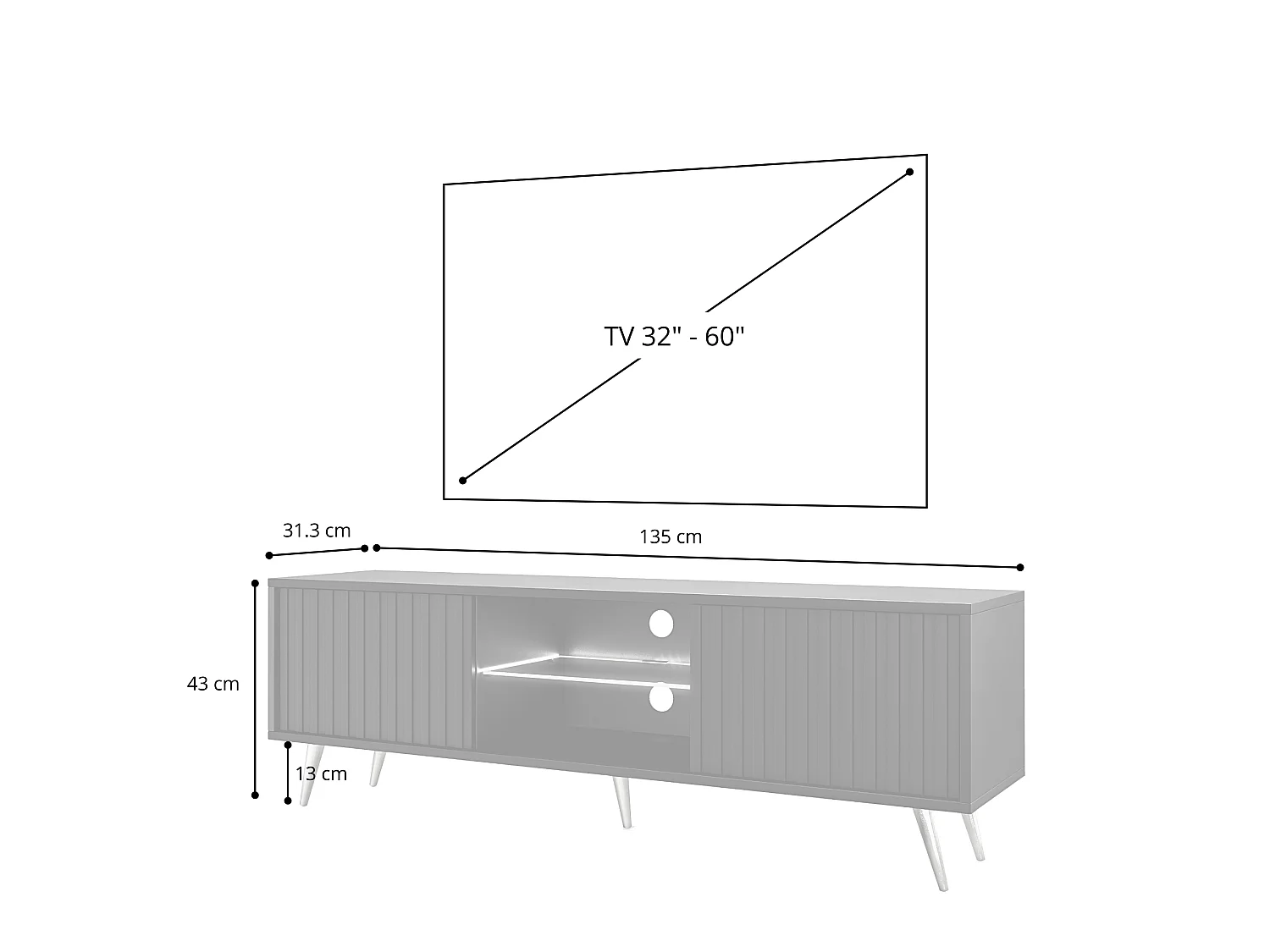 Mobile TV - 135 cm - frontali a lamelle nero / rovere Wotan - con LED - Bello
