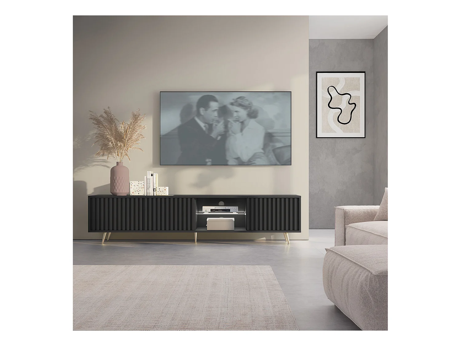 175 cm zwarte LED tv-kast met lamellenfronten en gouden poten - Selsey Bello