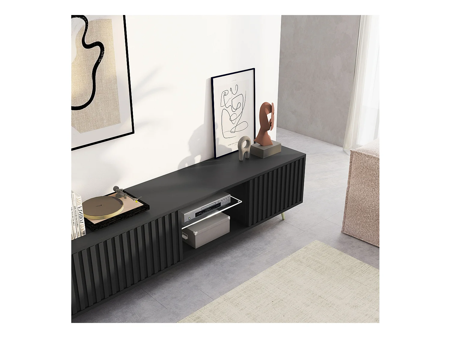 175 cm zwarte LED tv-kast met lamellenfronten en gouden poten - Selsey Bello