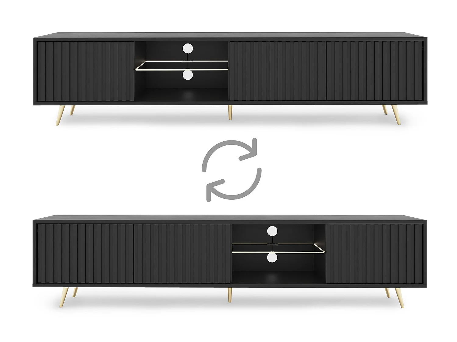 175 cm zwarte LED tv-kast met lamellenfronten en gouden poten - Selsey Bello