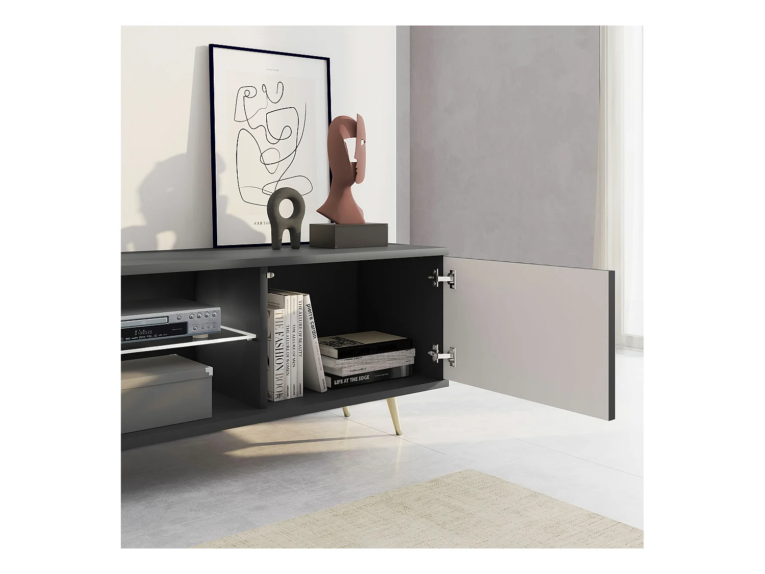 175 cm zwarte LED tv-kast met lamellenfronten en gouden poten - Selsey Bello