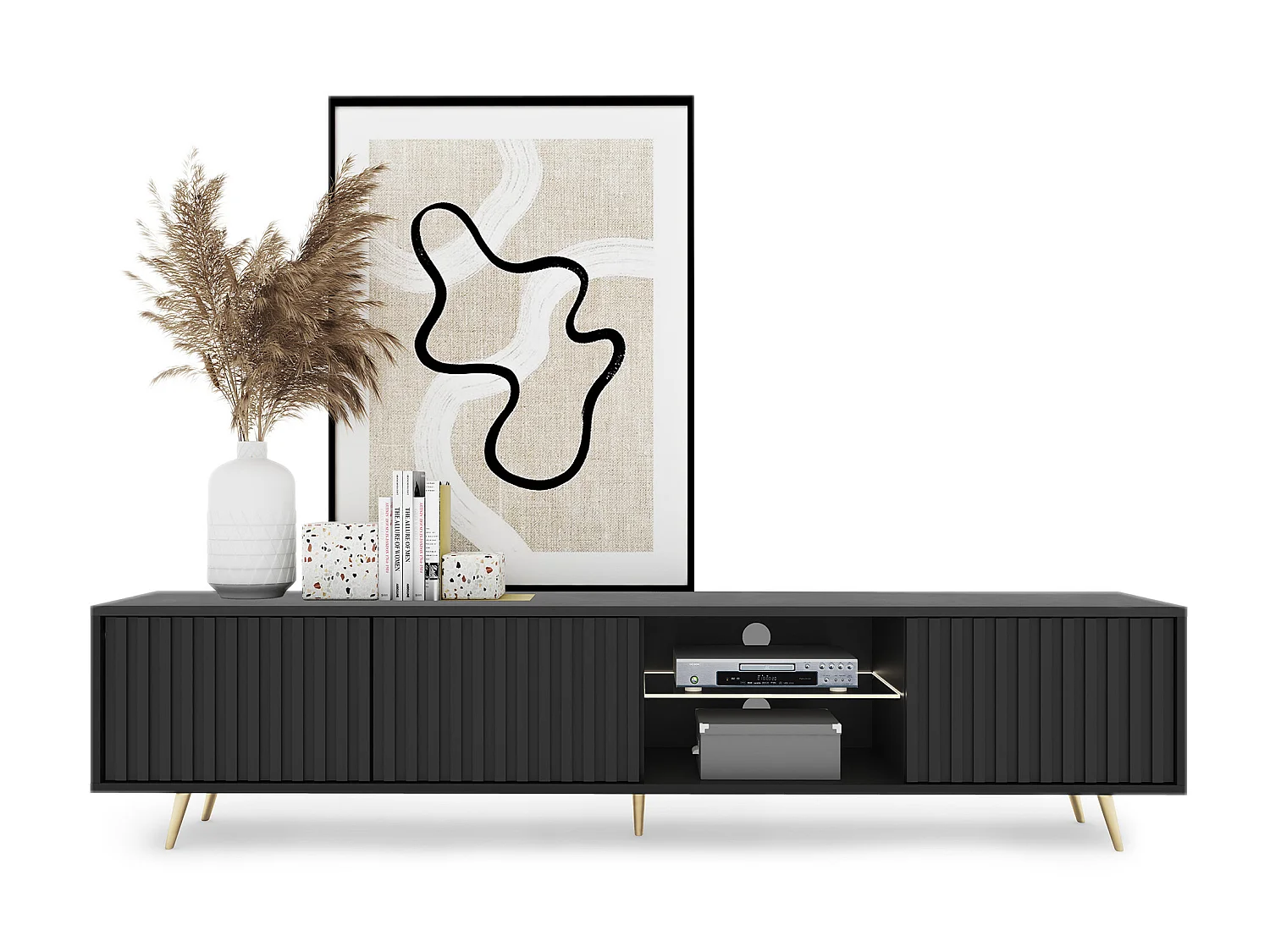 175 cm zwarte LED tv-kast met lamellenfronten en gouden poten - Selsey Bello